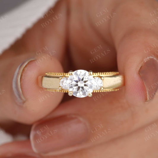 Art Deco Three Stone Round Cut Moissanite Engagement Ring