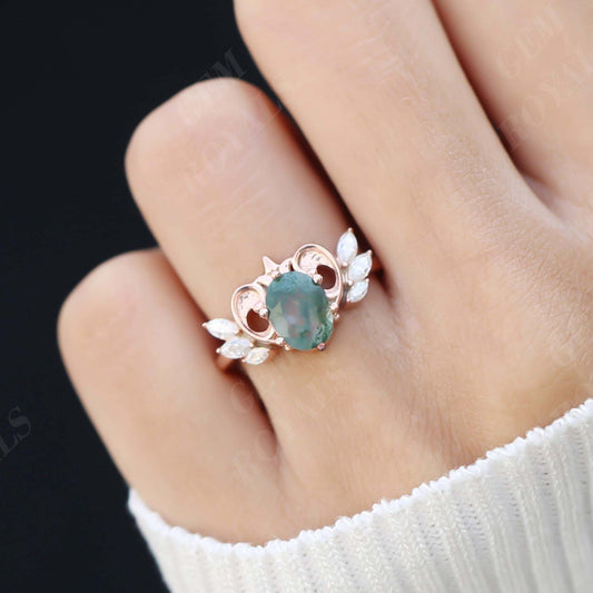 Flying Heart Oval Natural Moss Agate Engagement Ring