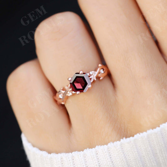 Nature Inspired Hexagon Cut Garnet Engagement Ring