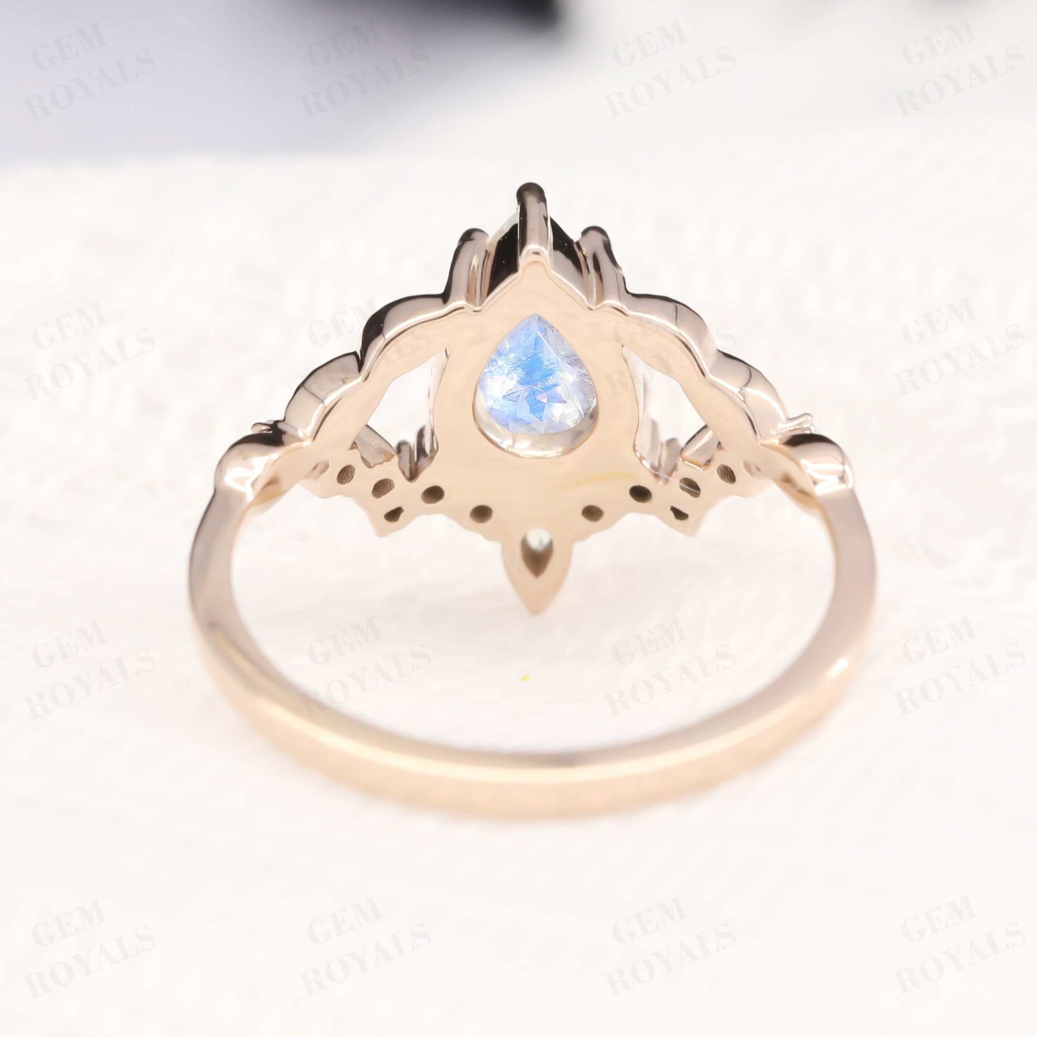 Nature Inspired Pear Cut Rainbow Moonstone Engagement Ring