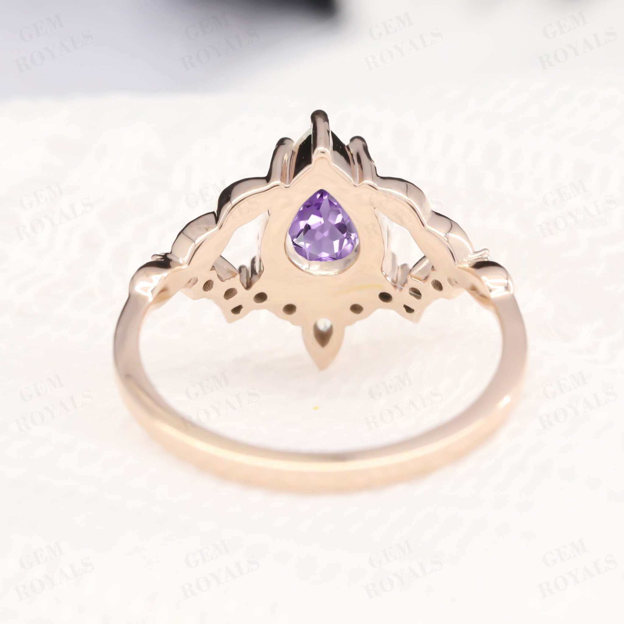 Nature Inspired Leaf Design Pear Amethyst Engagement Ring