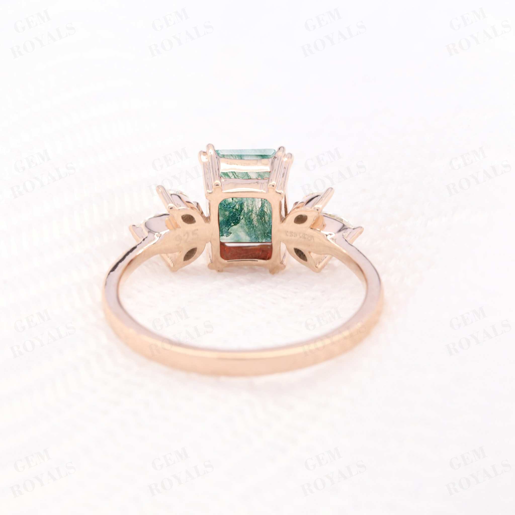 Cluster Emerald Cut Natural Moss Agate Engagement Ring