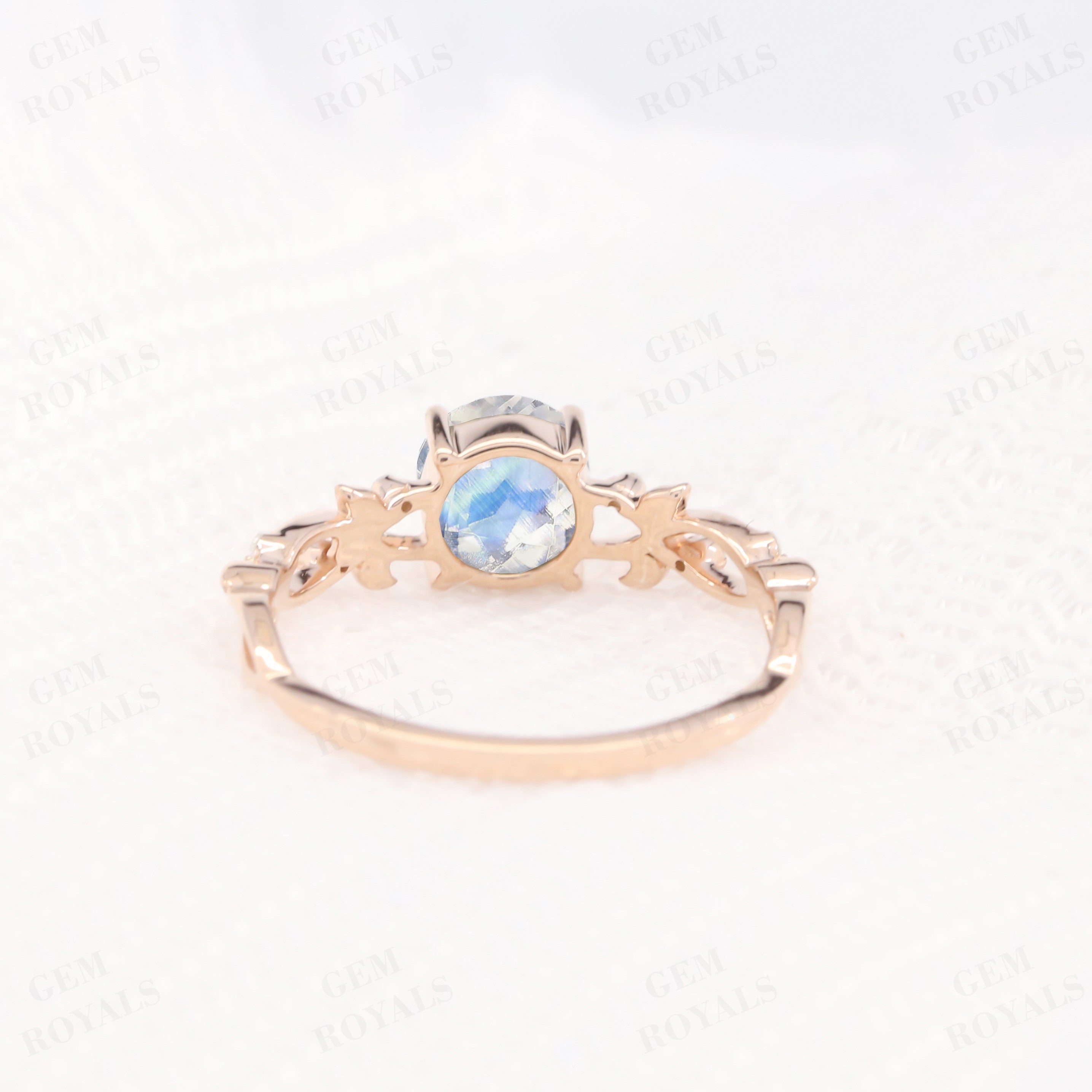 Nature Inspired Leaf Design Rainbow Moonstone Engagement Ring