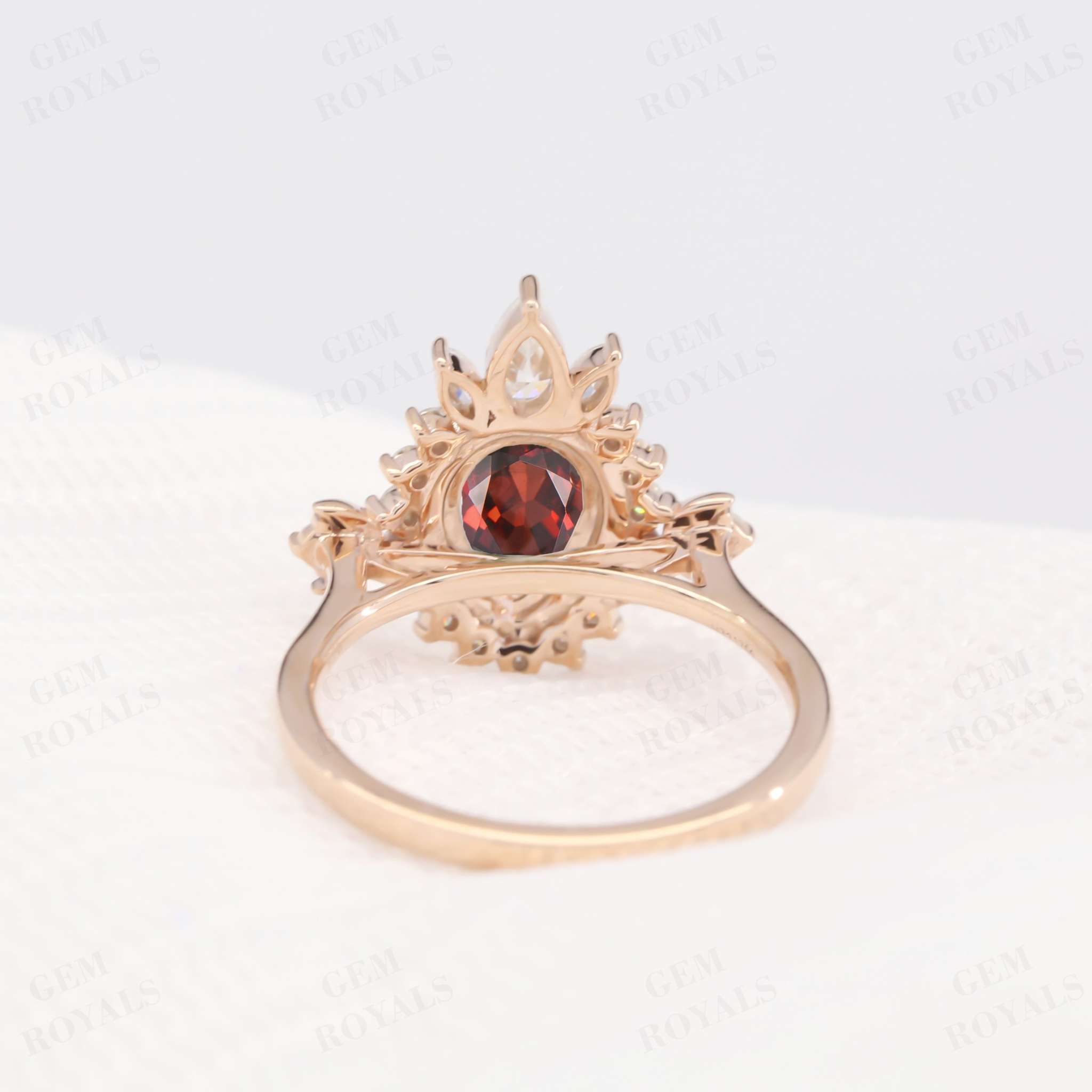 Art Deco Pear Shaped Red Garnet Halo Engagement Ring