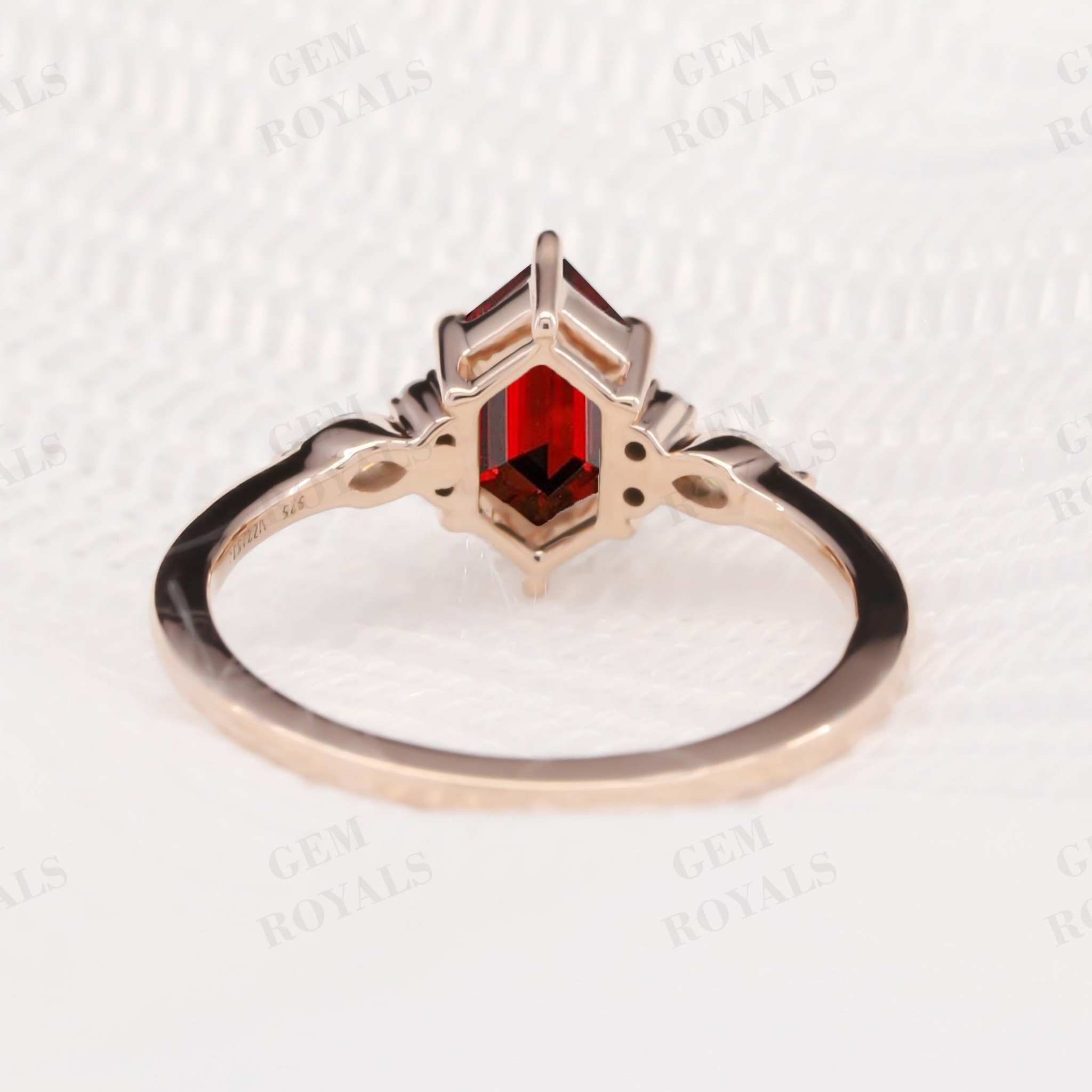 Cluster Long Hexagon Shape Red Garnet Engagement Ring