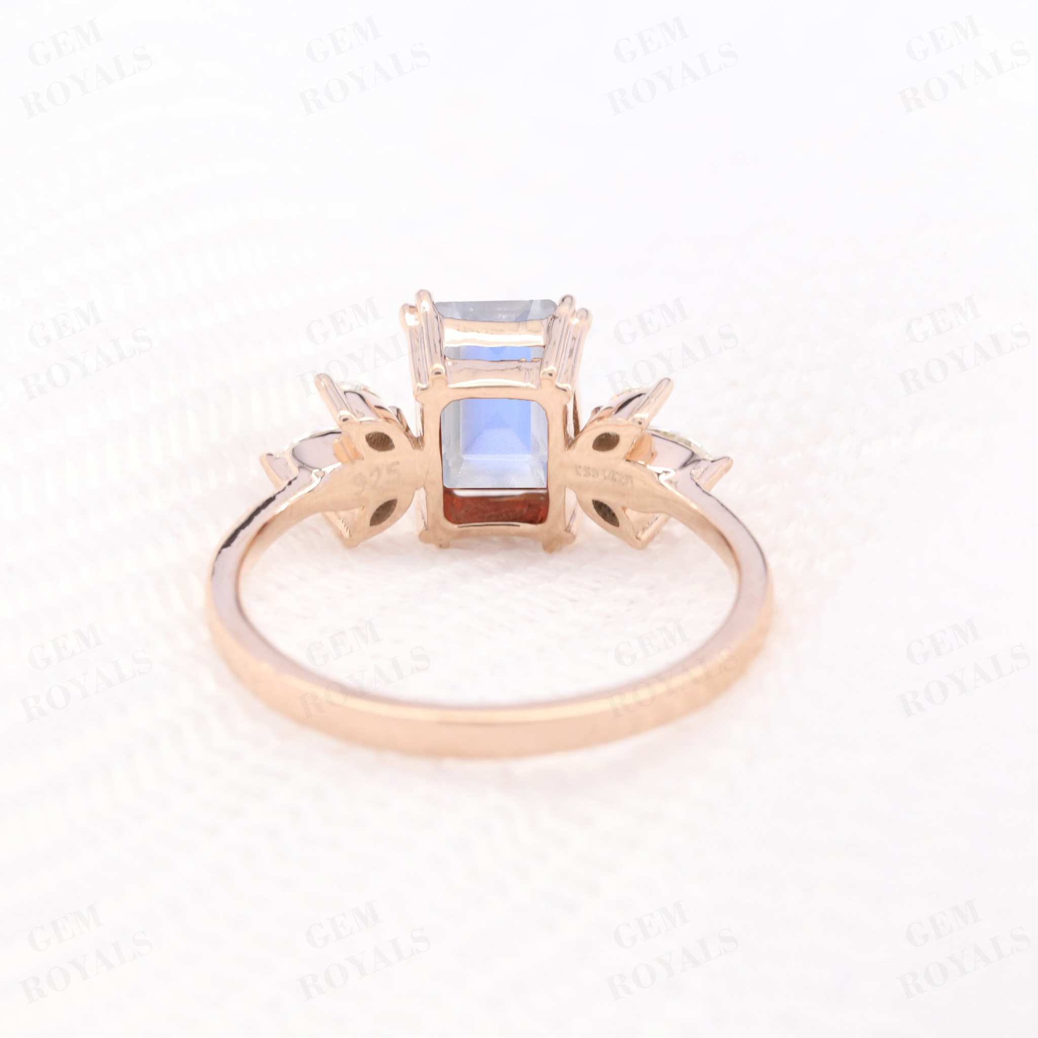 Cluster Emerald Cut Rainbow Moonstone Engagement Ring