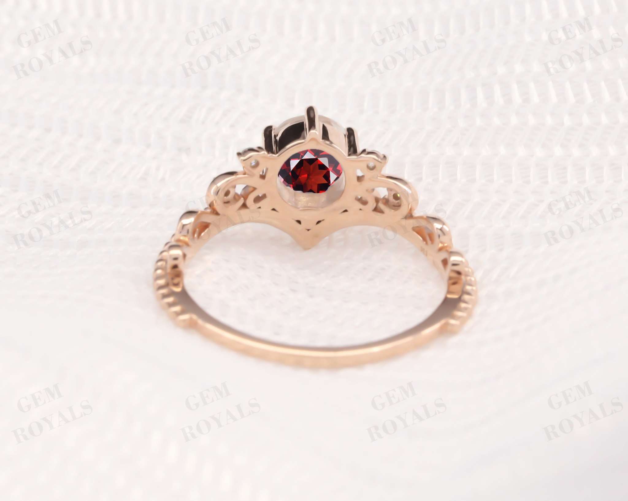 Round Red Garnet Engagement Vintage Chevron Ring