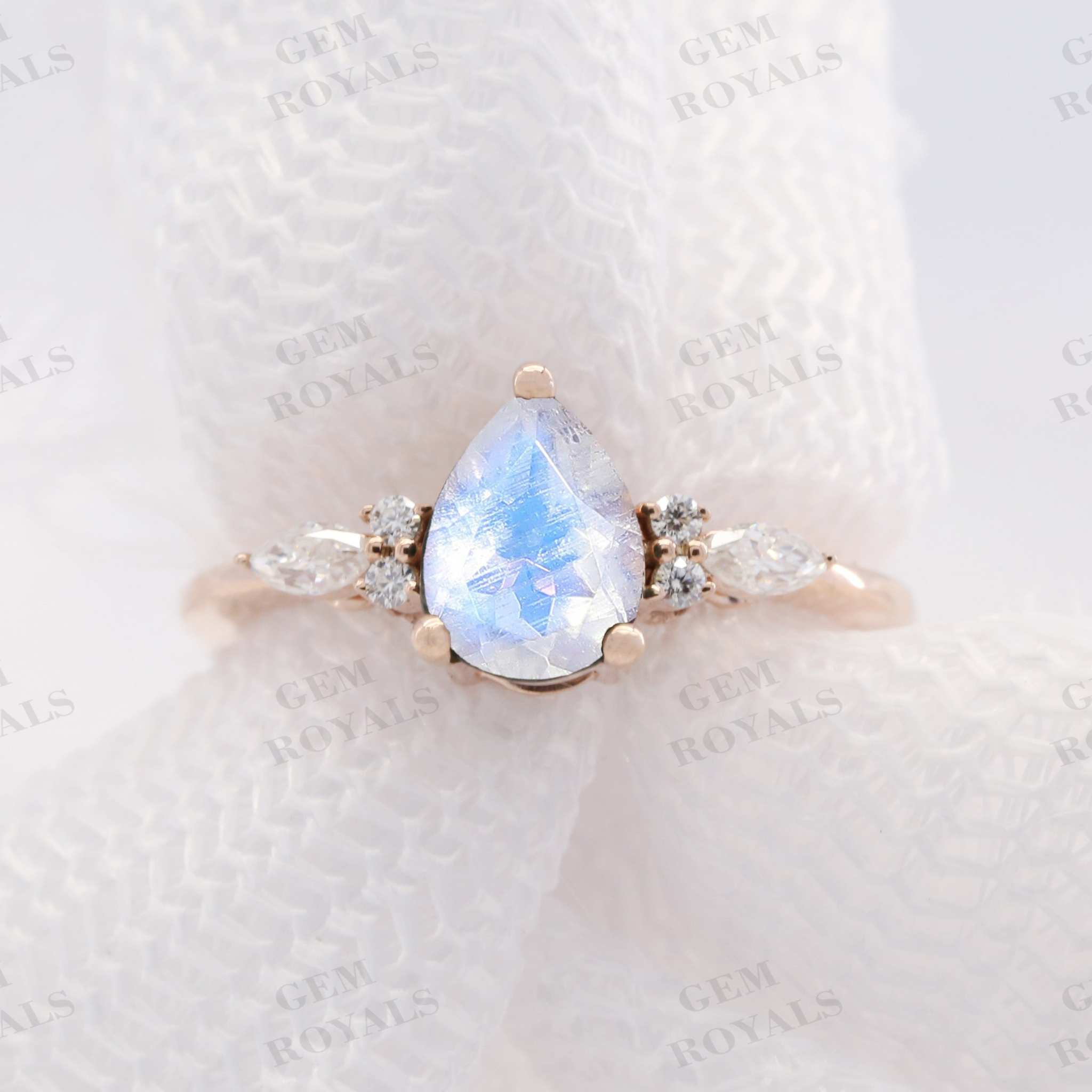 Vintage Pear Shaped Rainbow Moonstone Engagement Ring