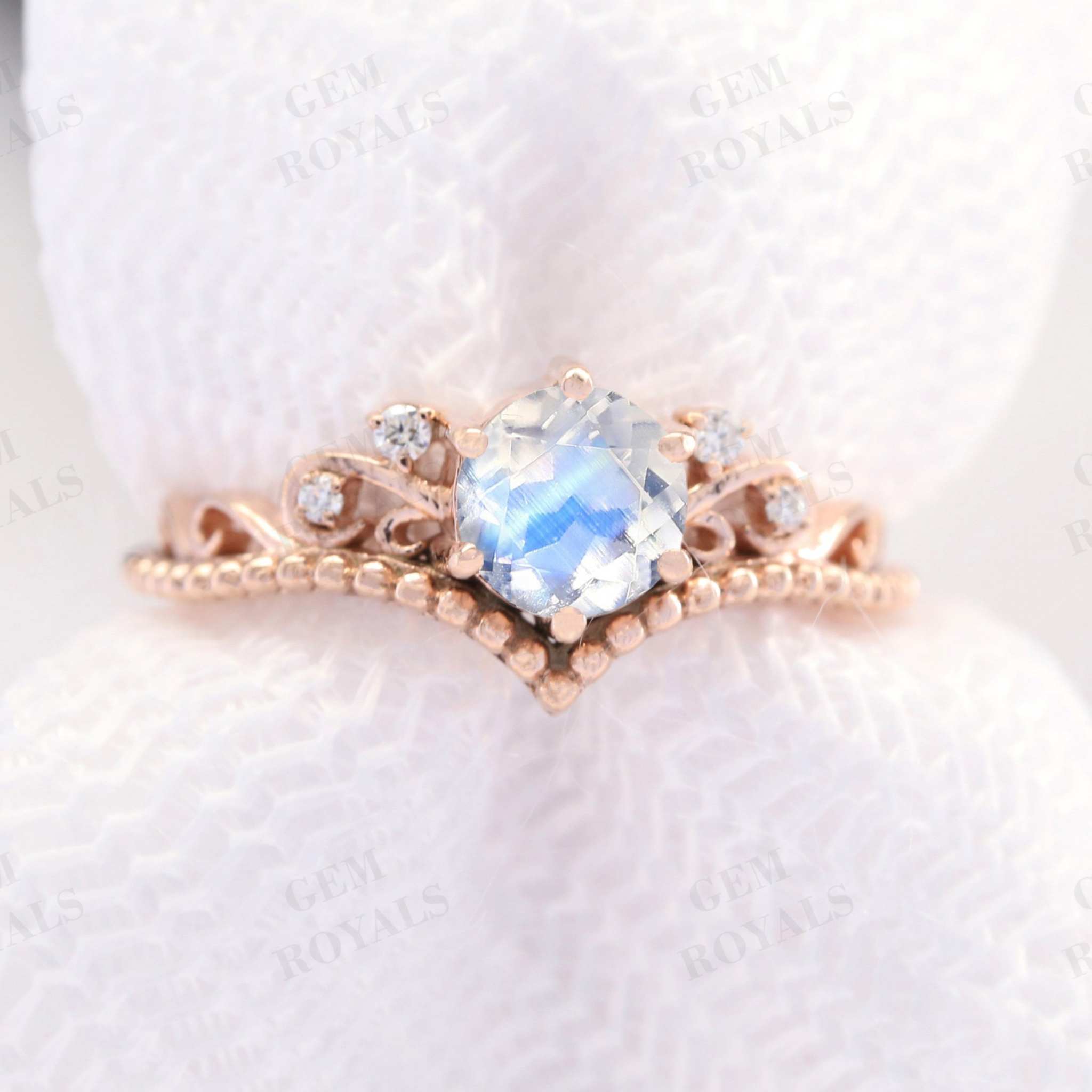 Vintage Style Chevron Round Moonstone Engagement Ring