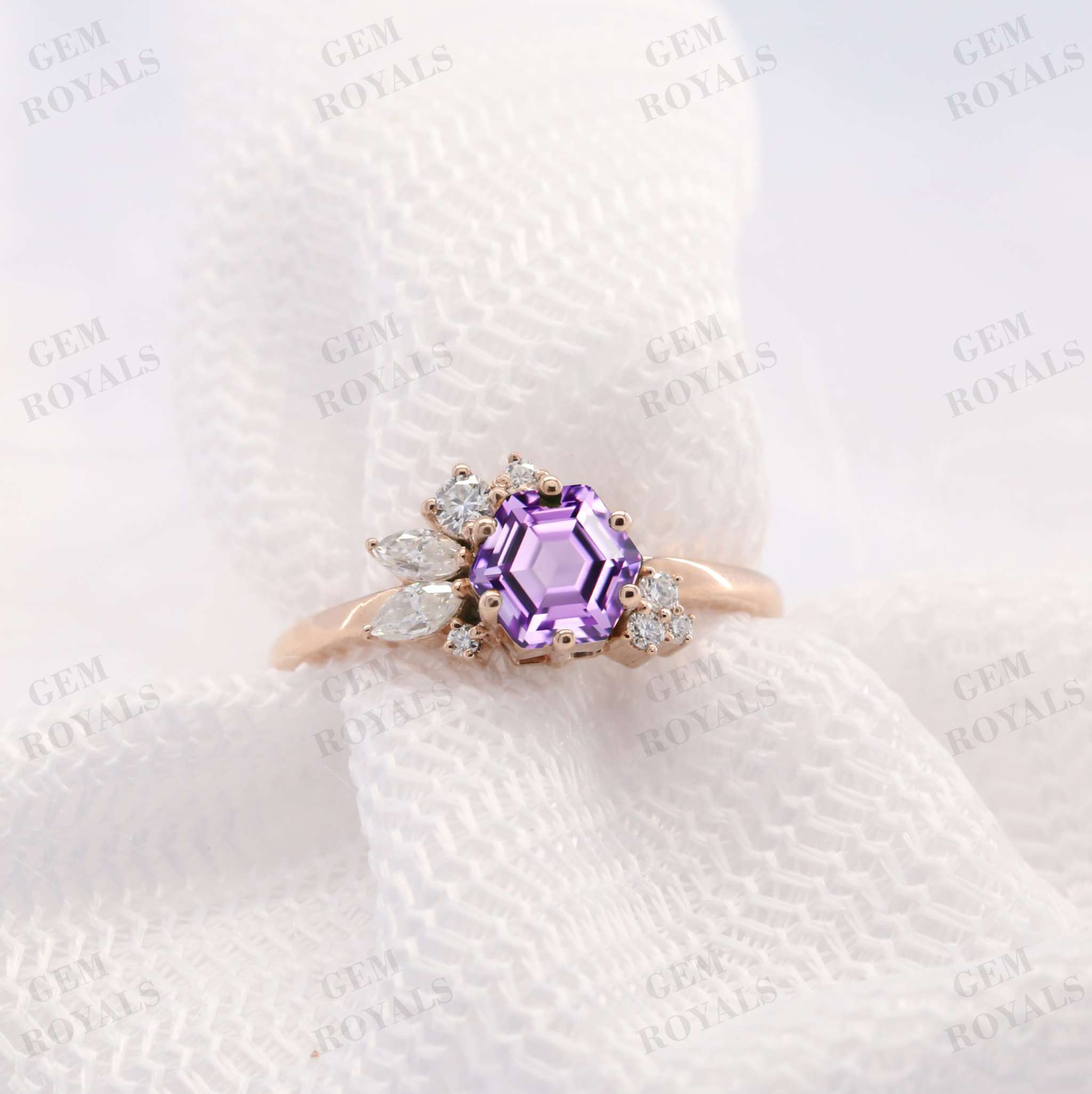 Vintage Hexagon Cut Natural Amethyst Engagement Ring