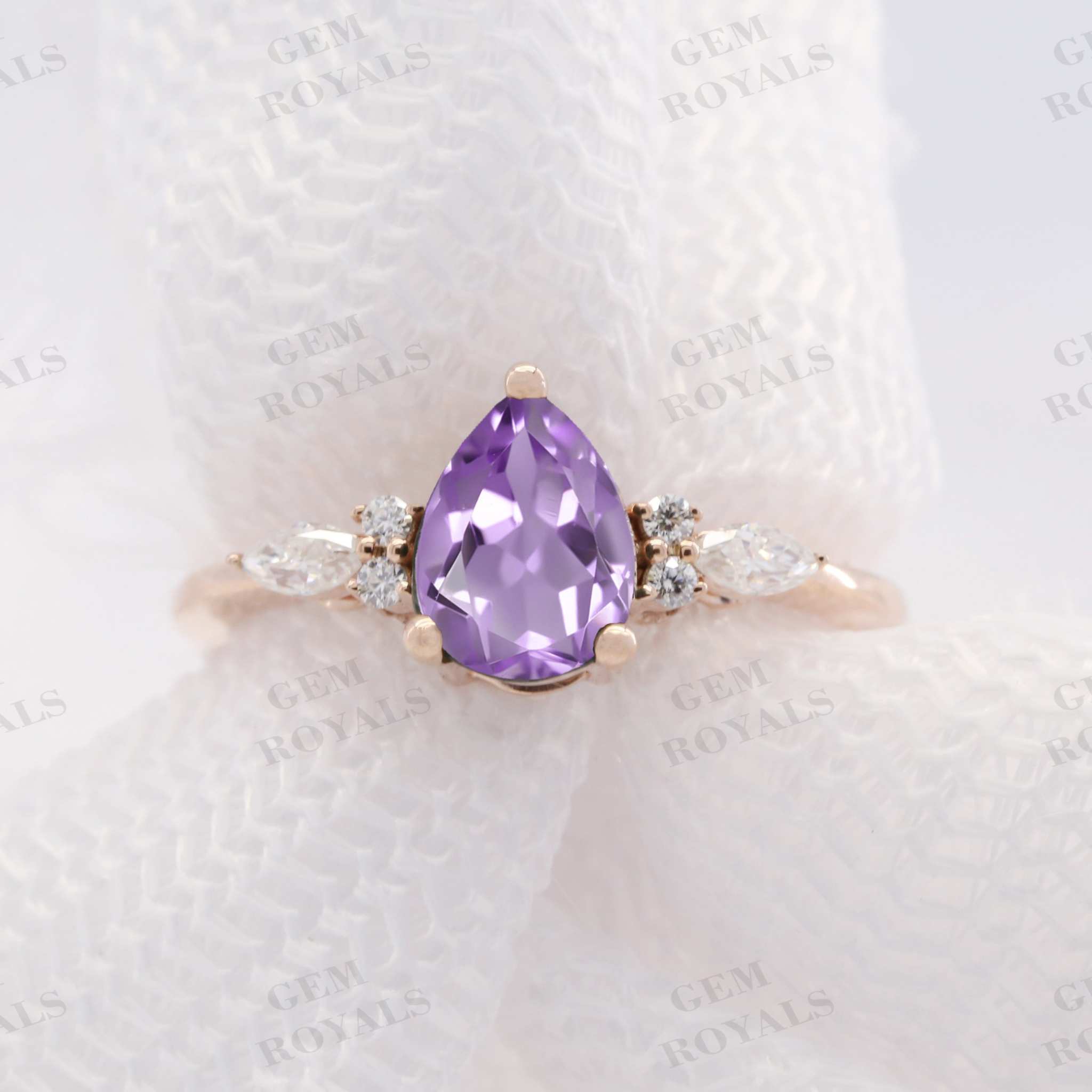 Pear Cut Natural Purple Amethyst Engagement Ring