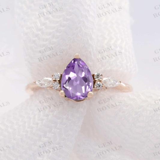 Pear Cut Natural Purple Amethyst Engagement Ring