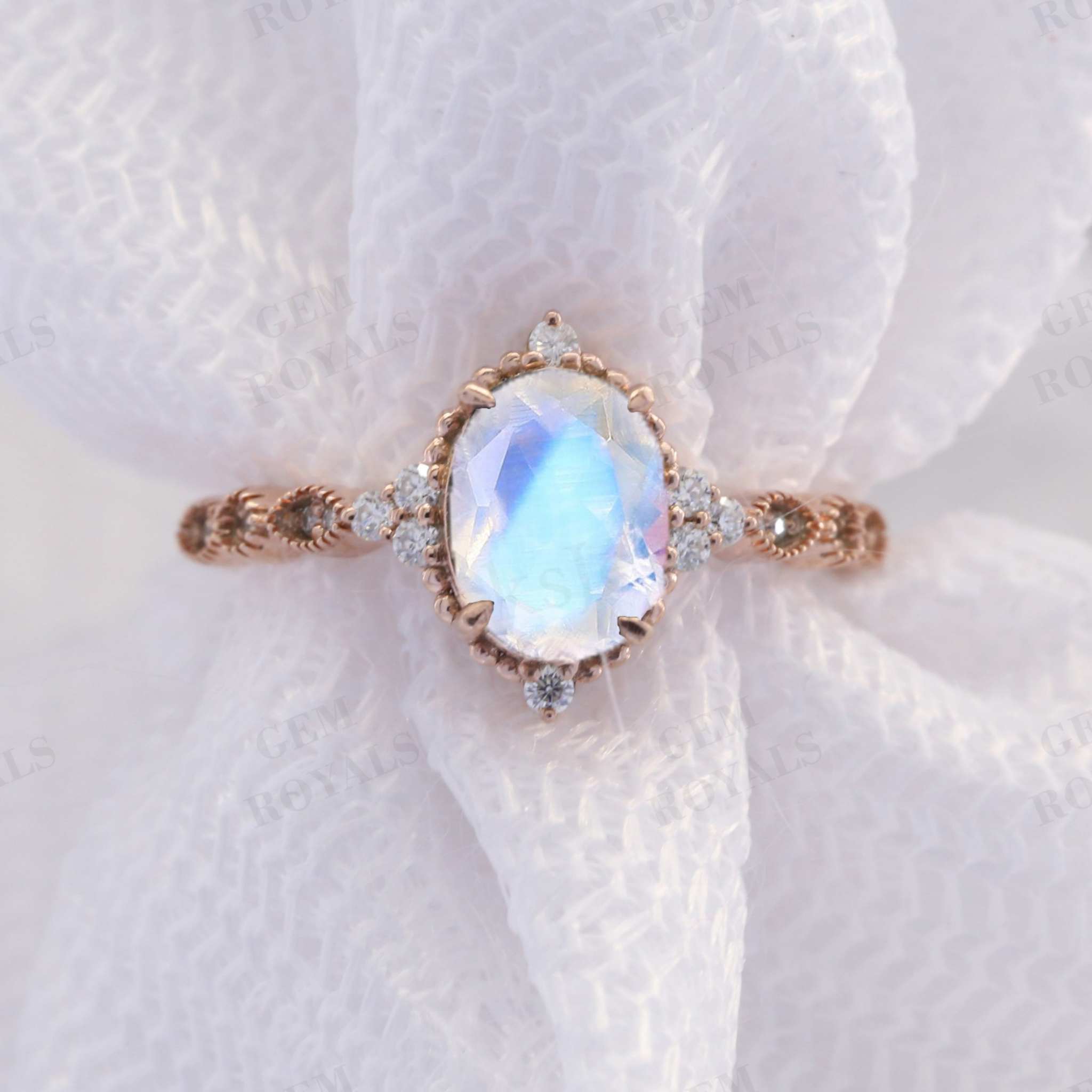 Vintage Oval Cut Rainbow Moonstone Engagement Ring