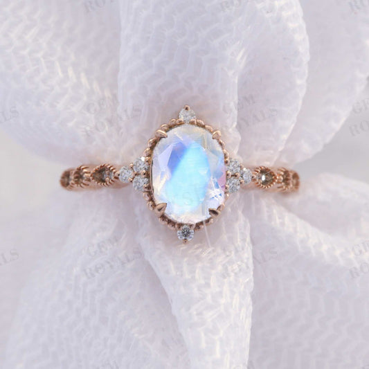Vintage Oval Cut Rainbow Moonstone Engagement Ring