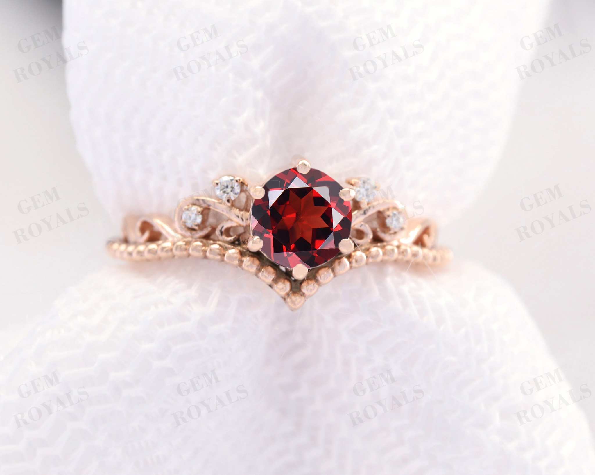 Round Red Garnet Engagement Vintage Chevron Ring