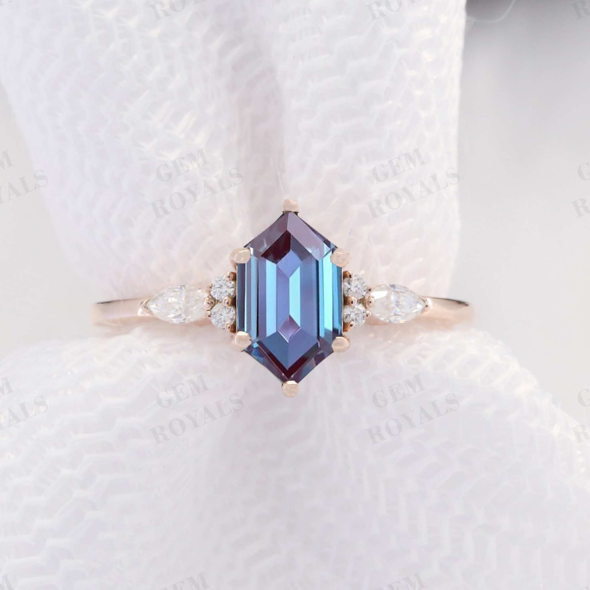 Vintage Unique Long Hexagon Alexandrite Engagement Ring