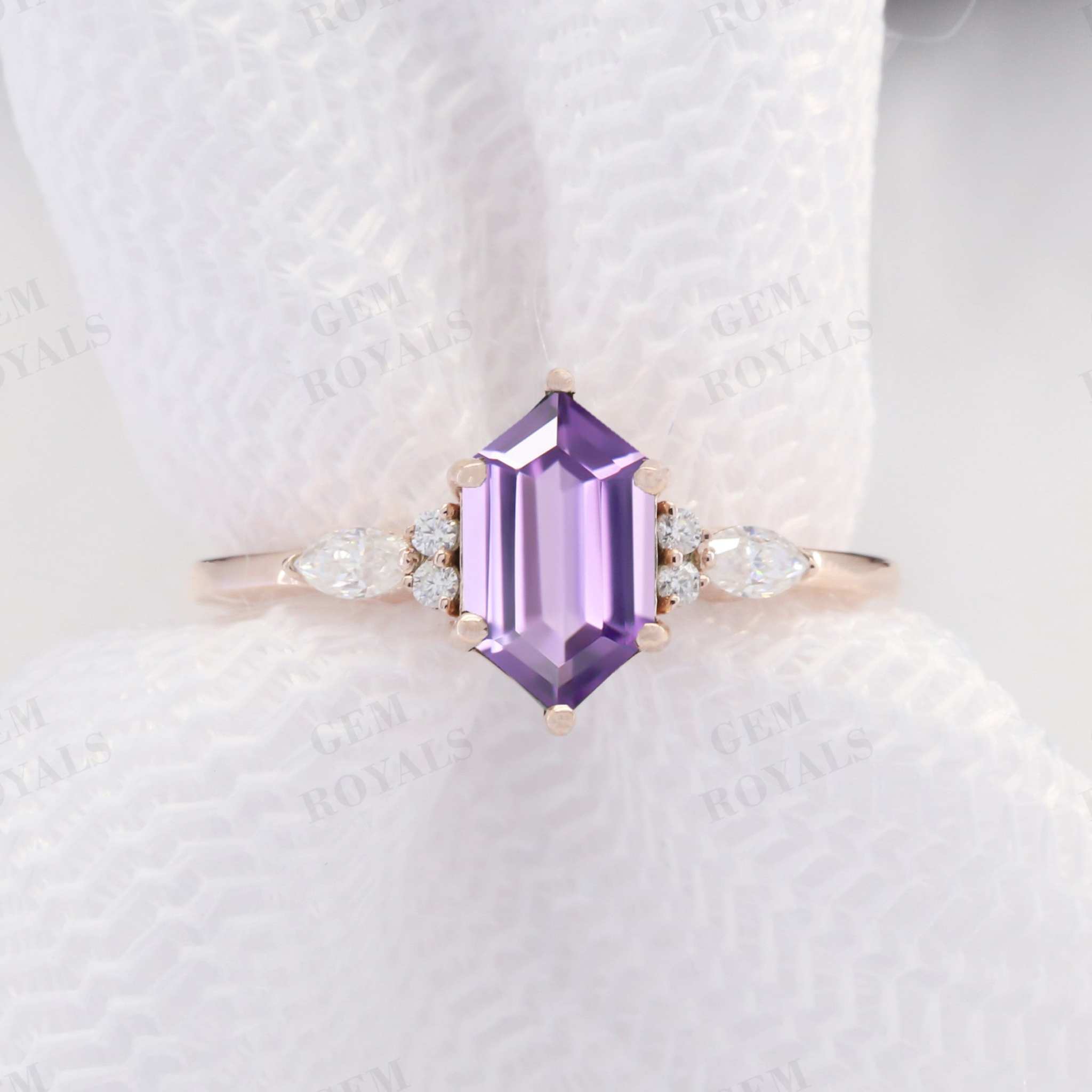 Unique Long Hexagon Purple Amethyst Engagement Ring