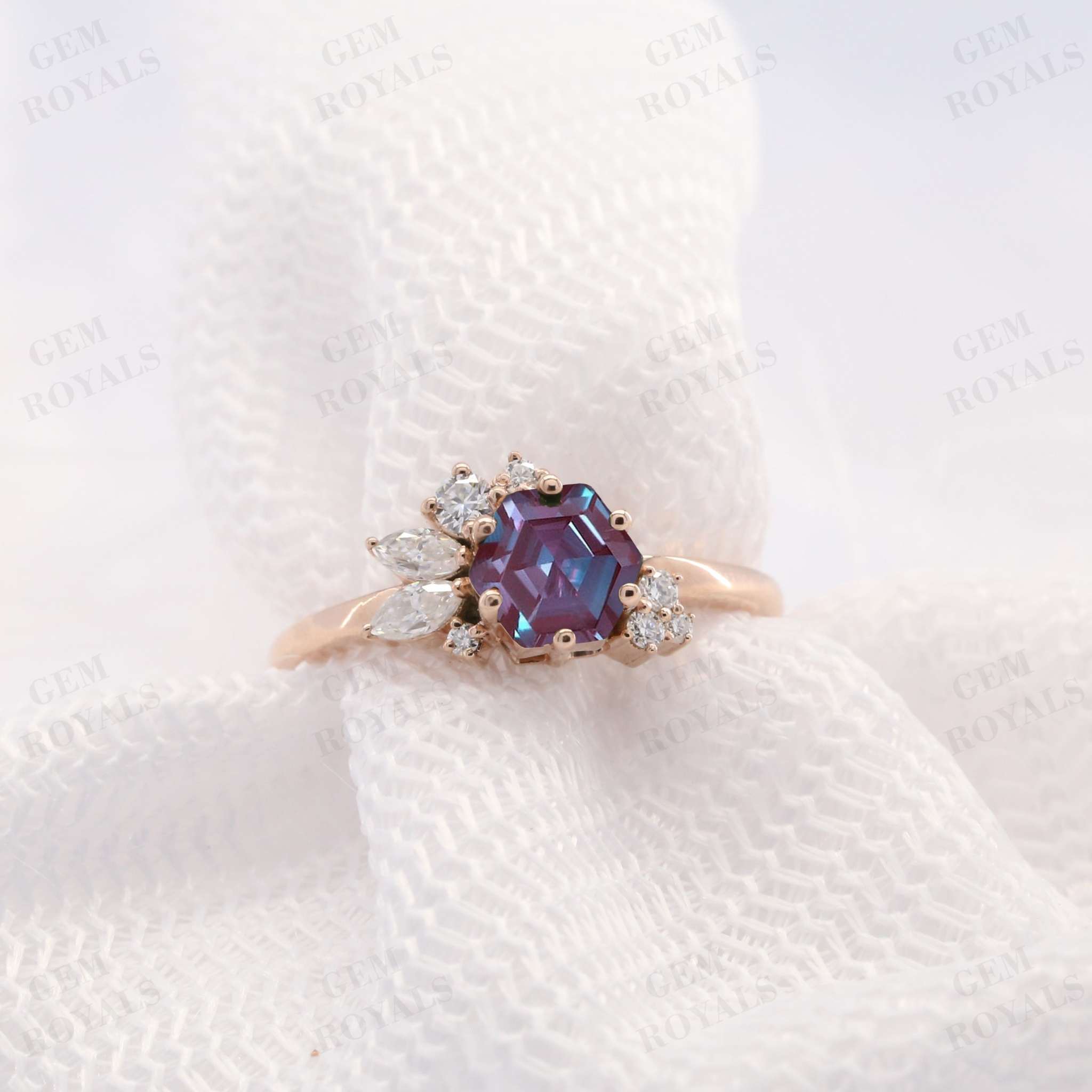 Unique Cluster Hexagon Cut Alexandrite Engagement Ring