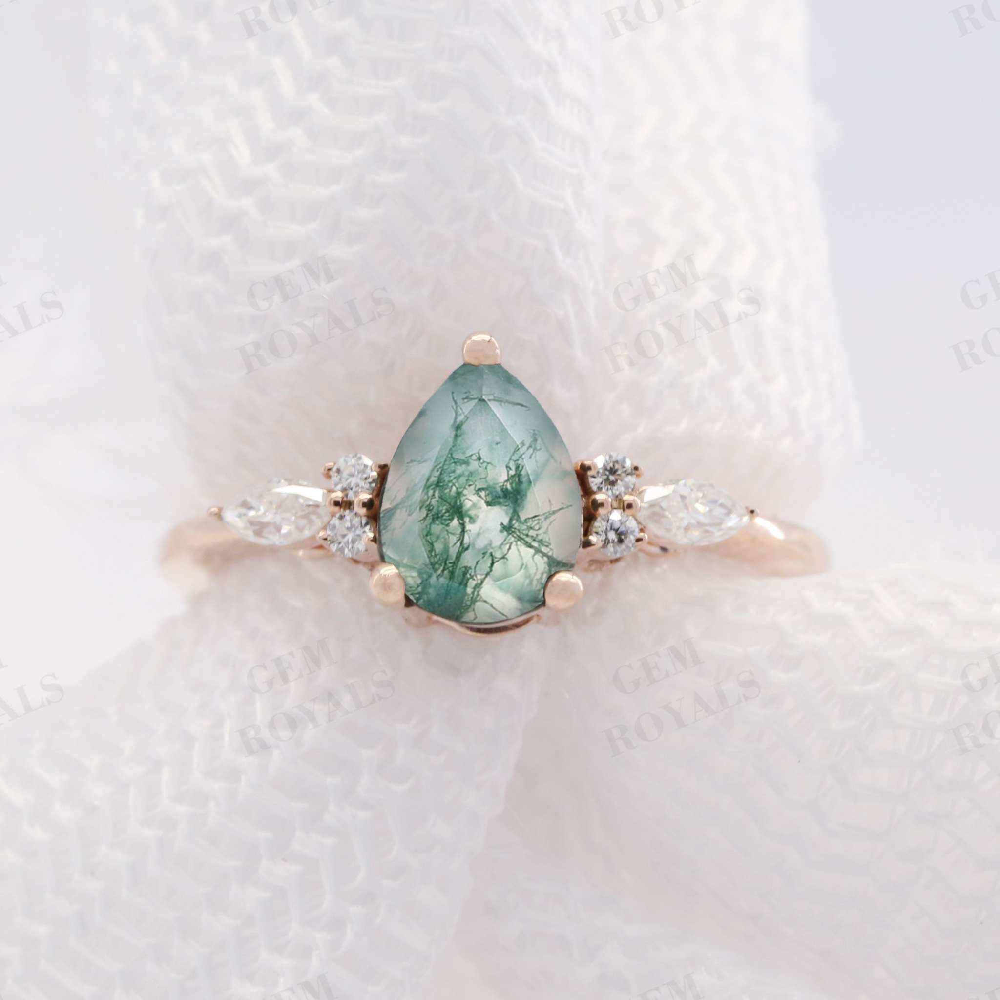 Cluster Pear Cut Natural Green Moss Agate Engagement Ring