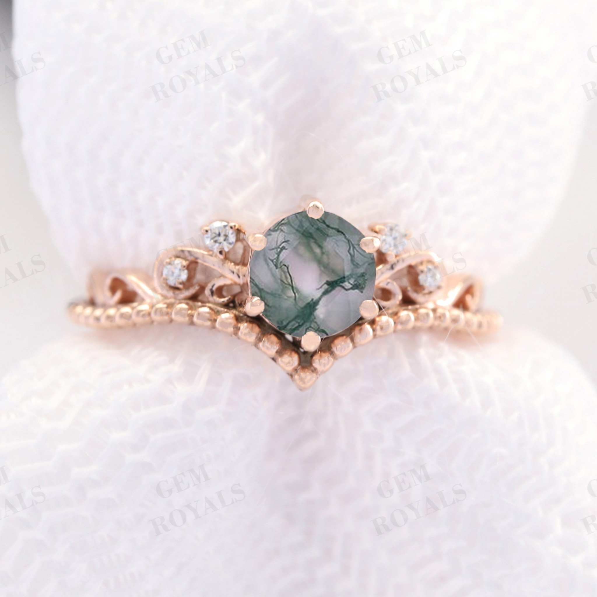 Art Deco Round Natural Moss Agate Engagement Ring