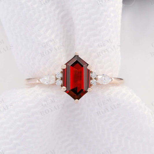 Cluster Long Hexagon Shape Red Garnet Engagement Ring