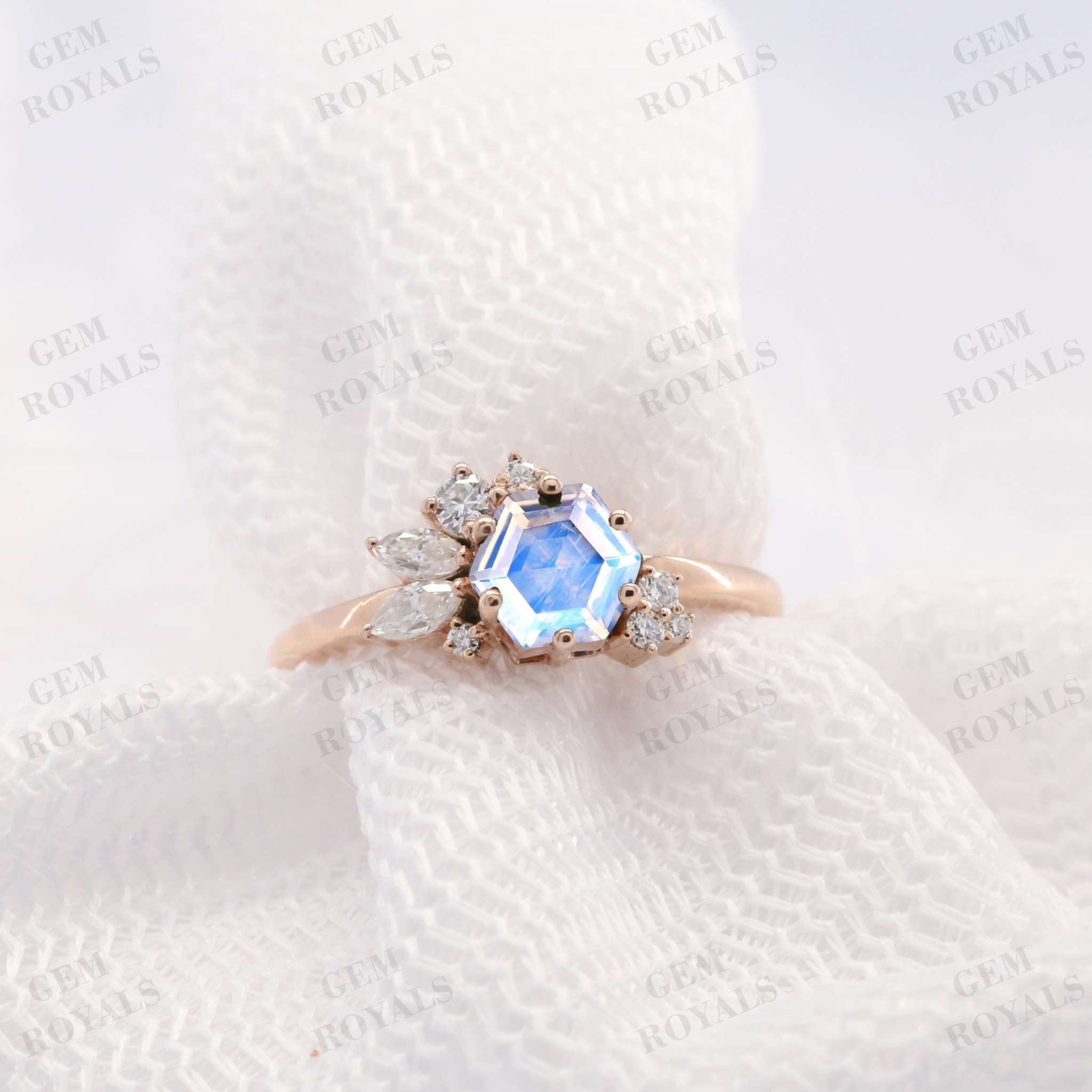 Art Deco Hexagon Cut Rainbow Moonstone Engagement Ring