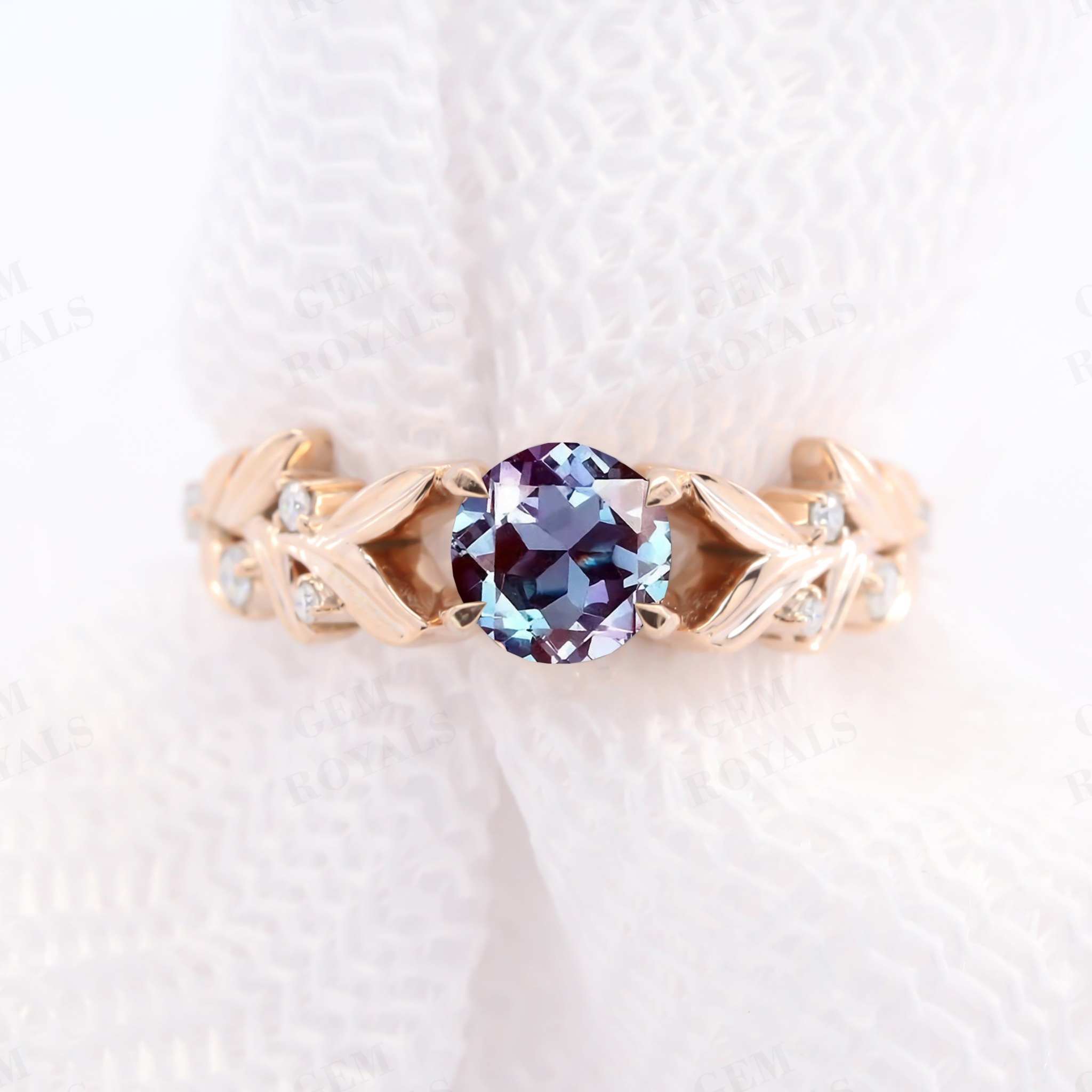 Unique Leaf Design Round Alexandrite Engagement Ring