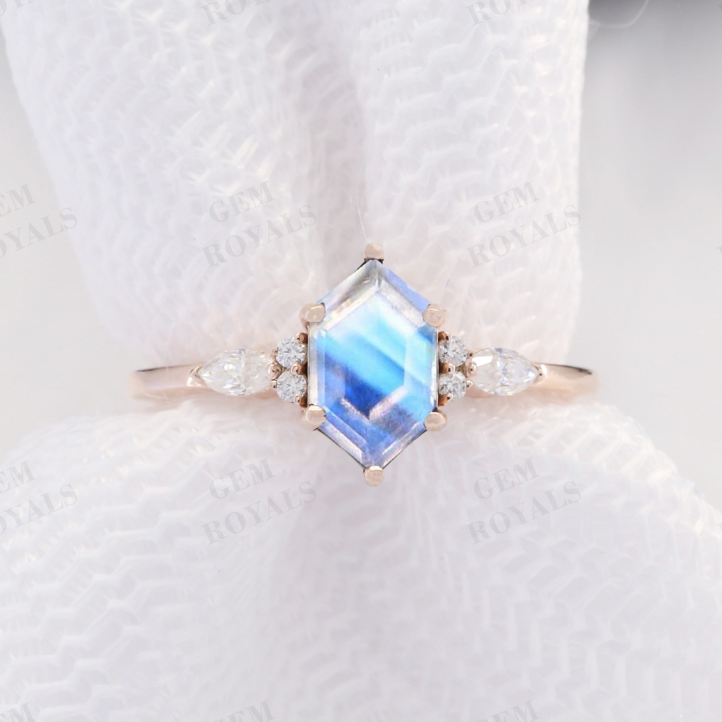 Unique Long Hexagon Moonstone Engagement Ring