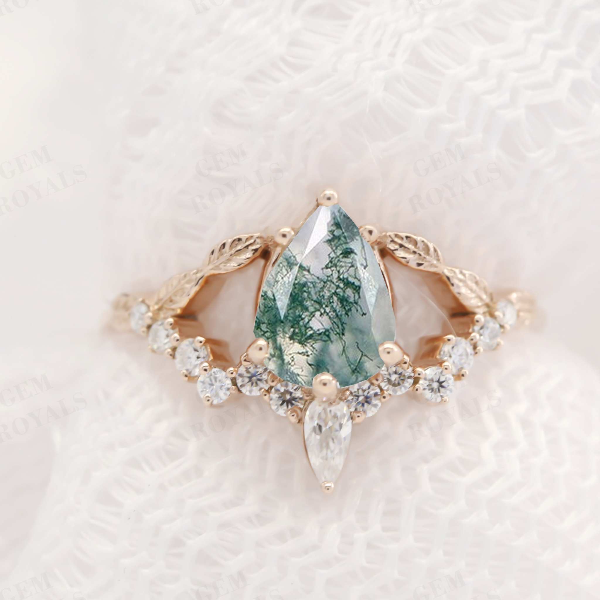 Art Deco Pear Shaped Moss Agate Engagement Ring