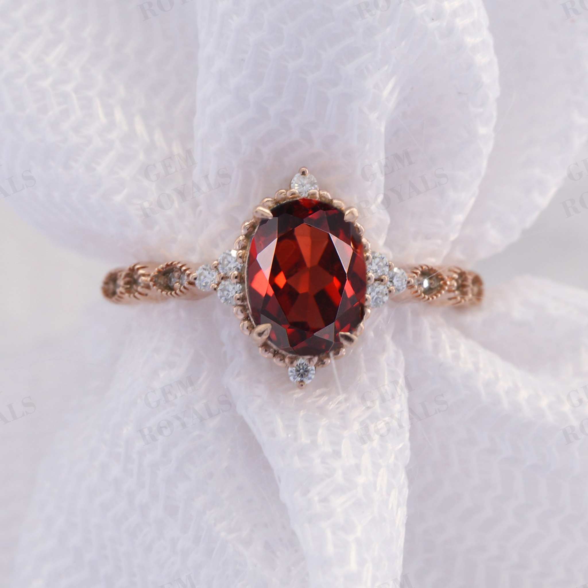 Unique Art Deco Oval Cut Red Garnet Engagement Ring