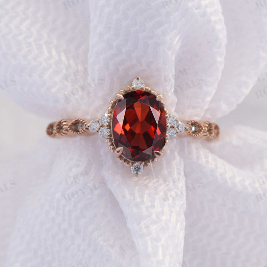 Unique Art Deco Oval Cut Red Garnet Engagement Ring