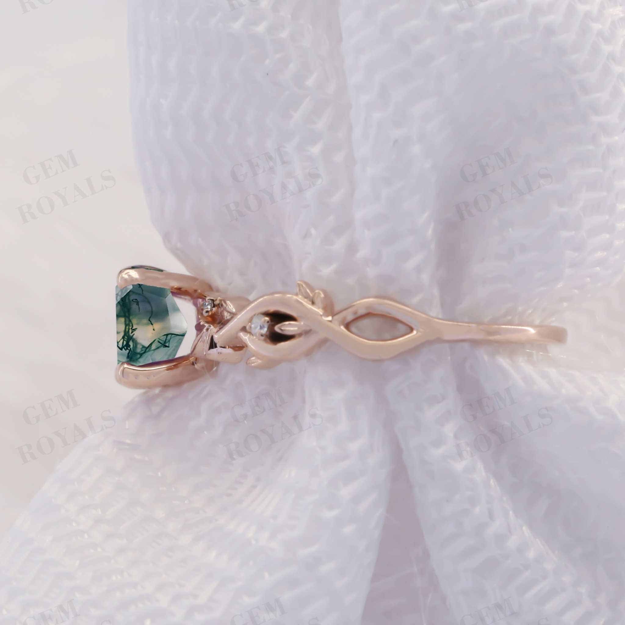 Unique Hexagon Cut Natural Moss Agate Engagement Ring