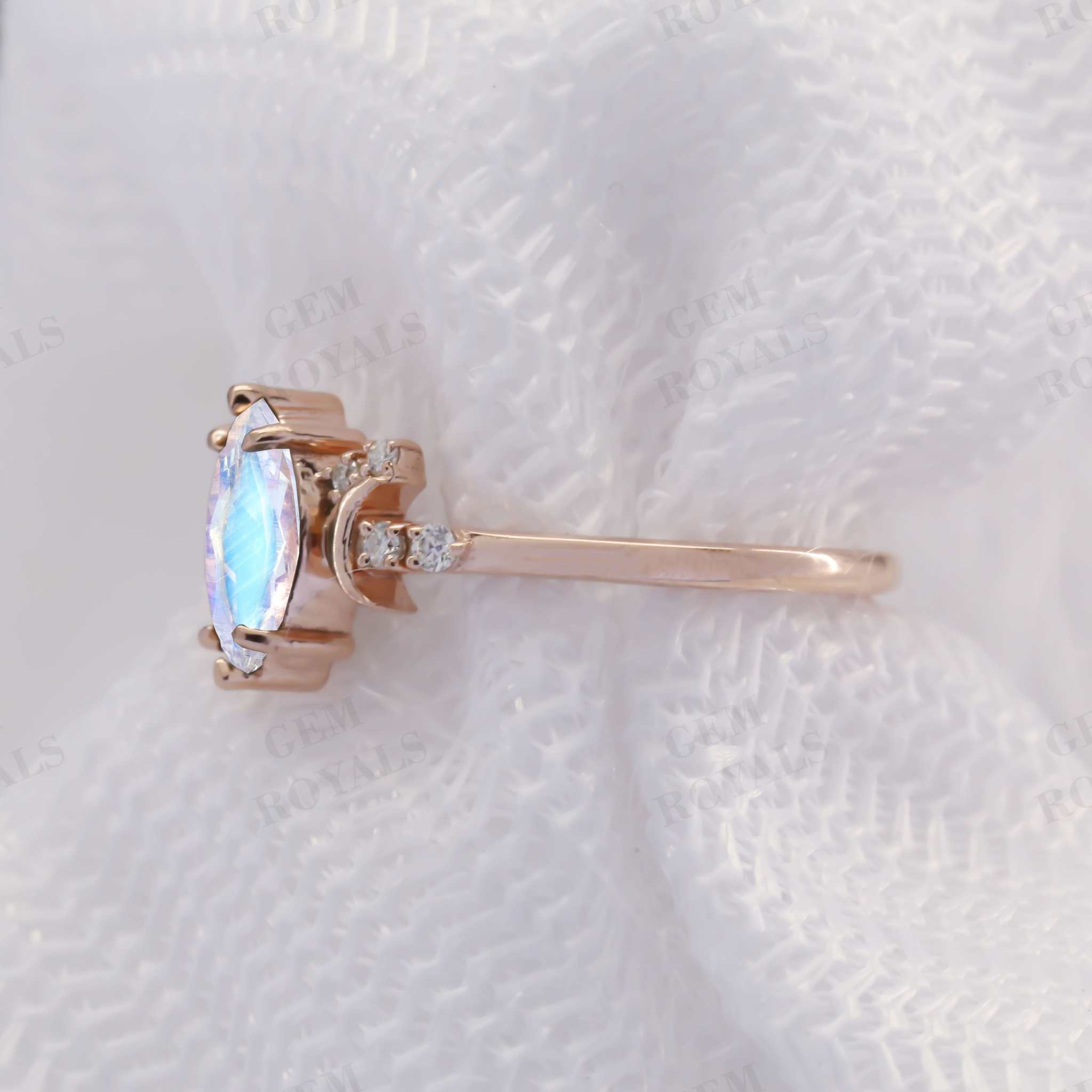 Celestial Marquise Cut Rainbow Moonstone Engagement Ring