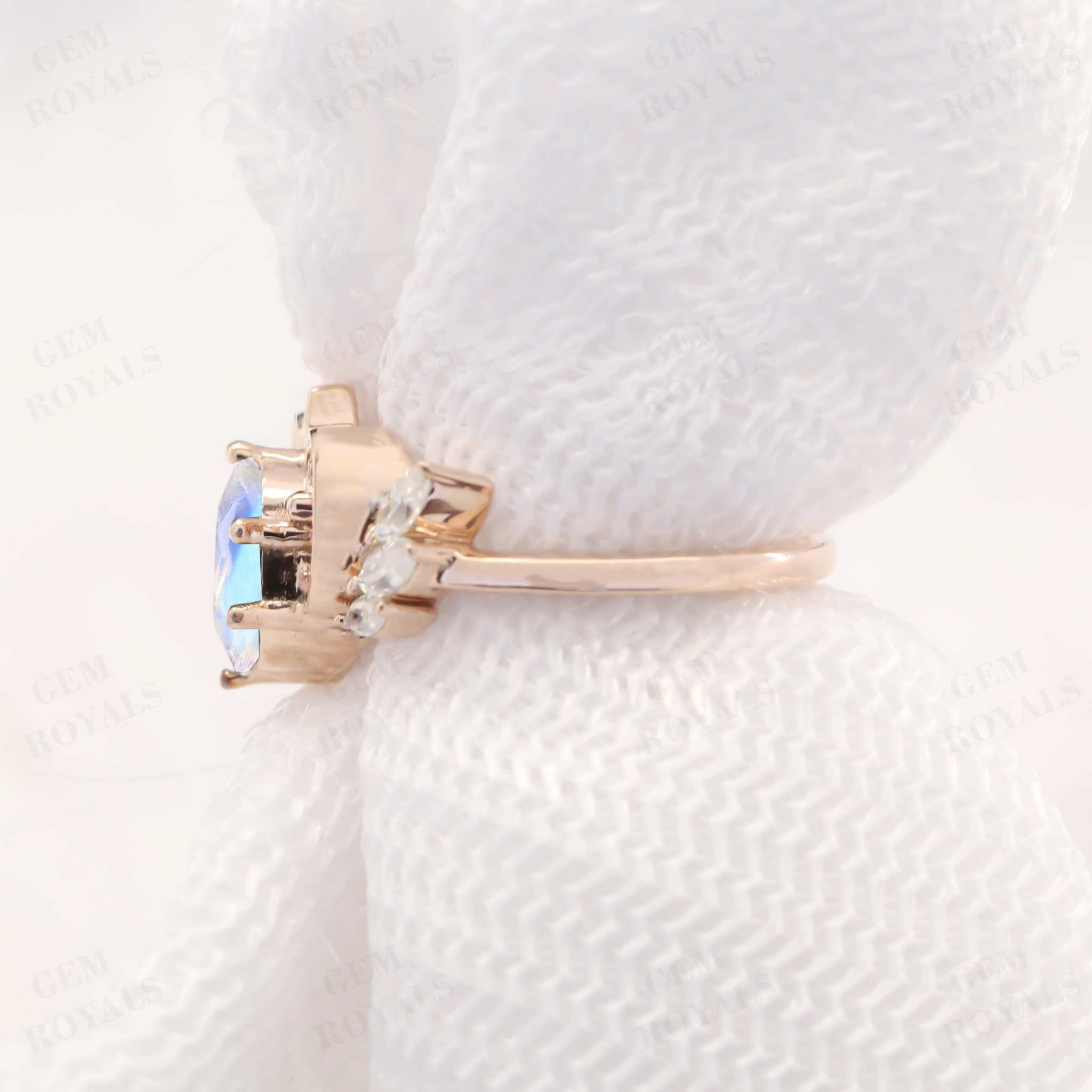 Art Deco Oval Cut Rainbow Moonstone Engagement Ring