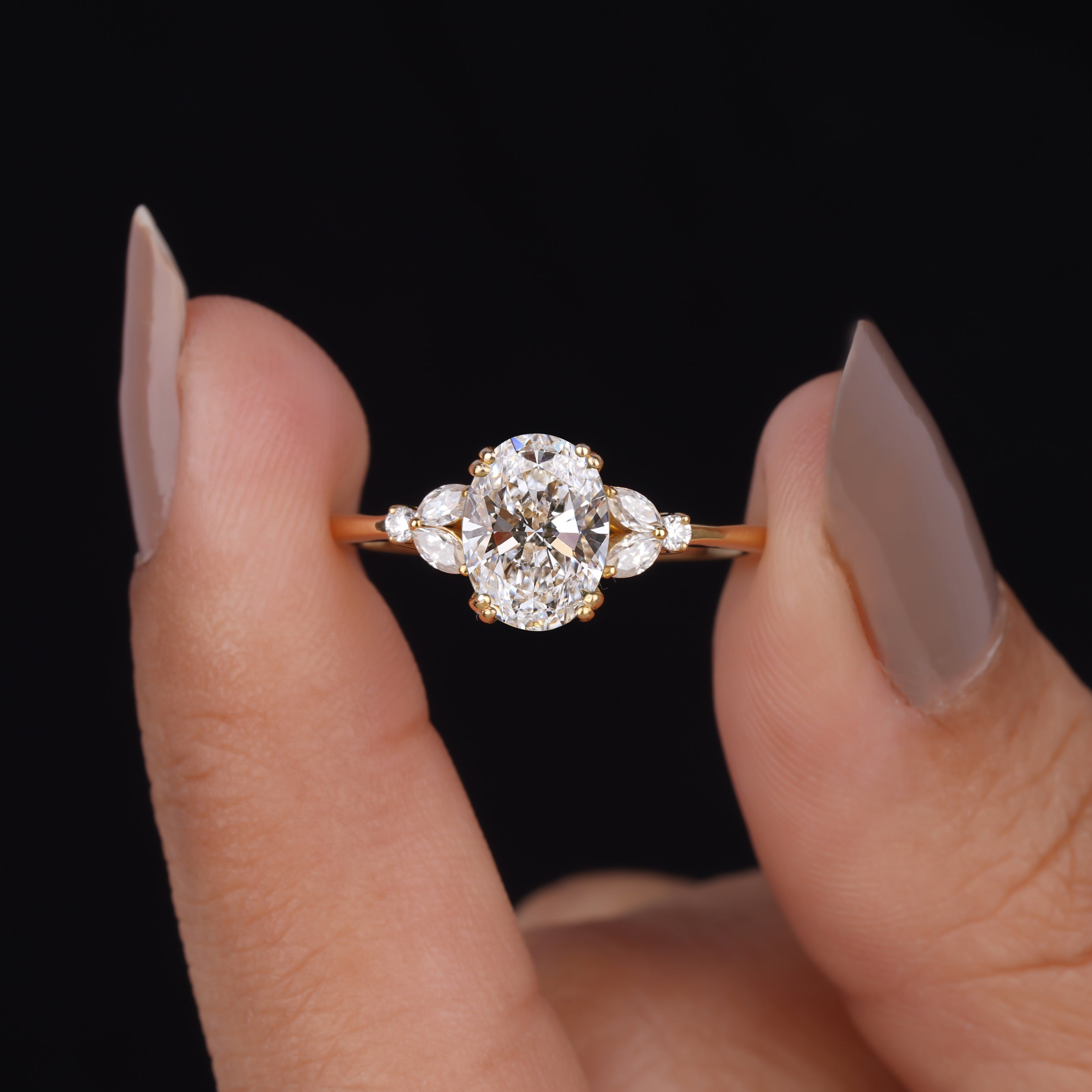 Oval Shaped Lab Grown Diamond Cluster Engagement Ring