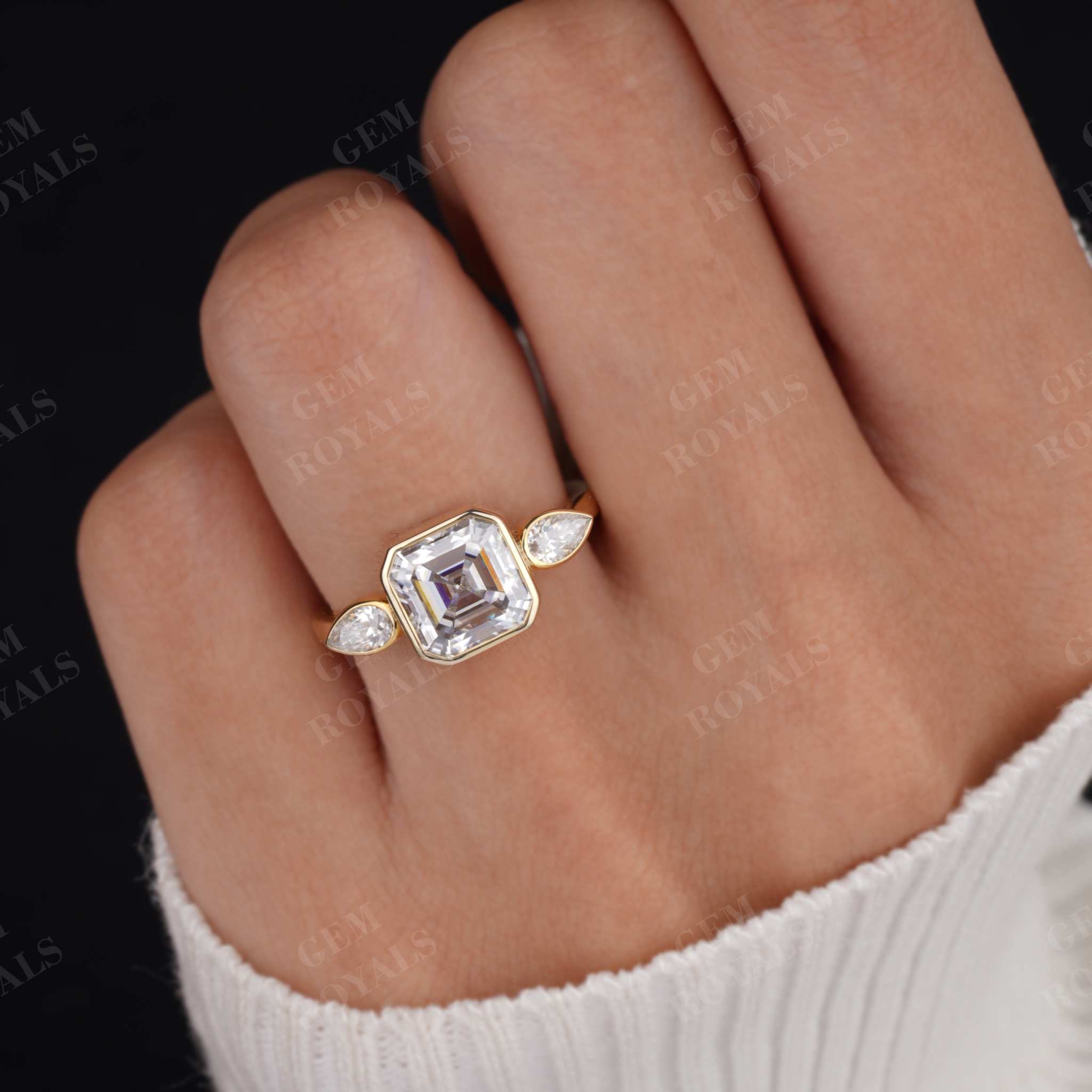 Three Stone Bezel Set Asscher Cut Moissanite Engagement Ring