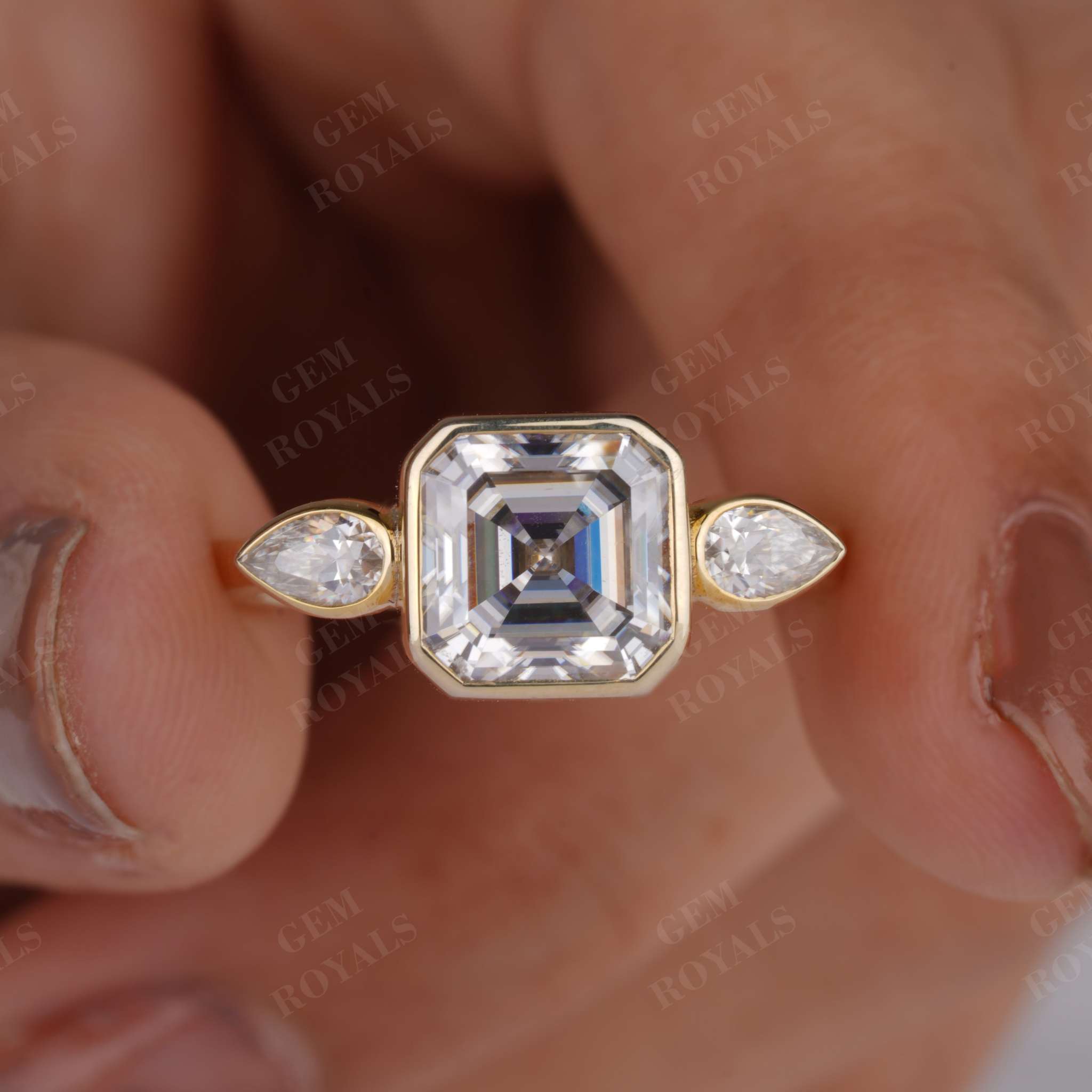 Three Stone Bezel Set Asscher Cut Moissanite Engagement Ring