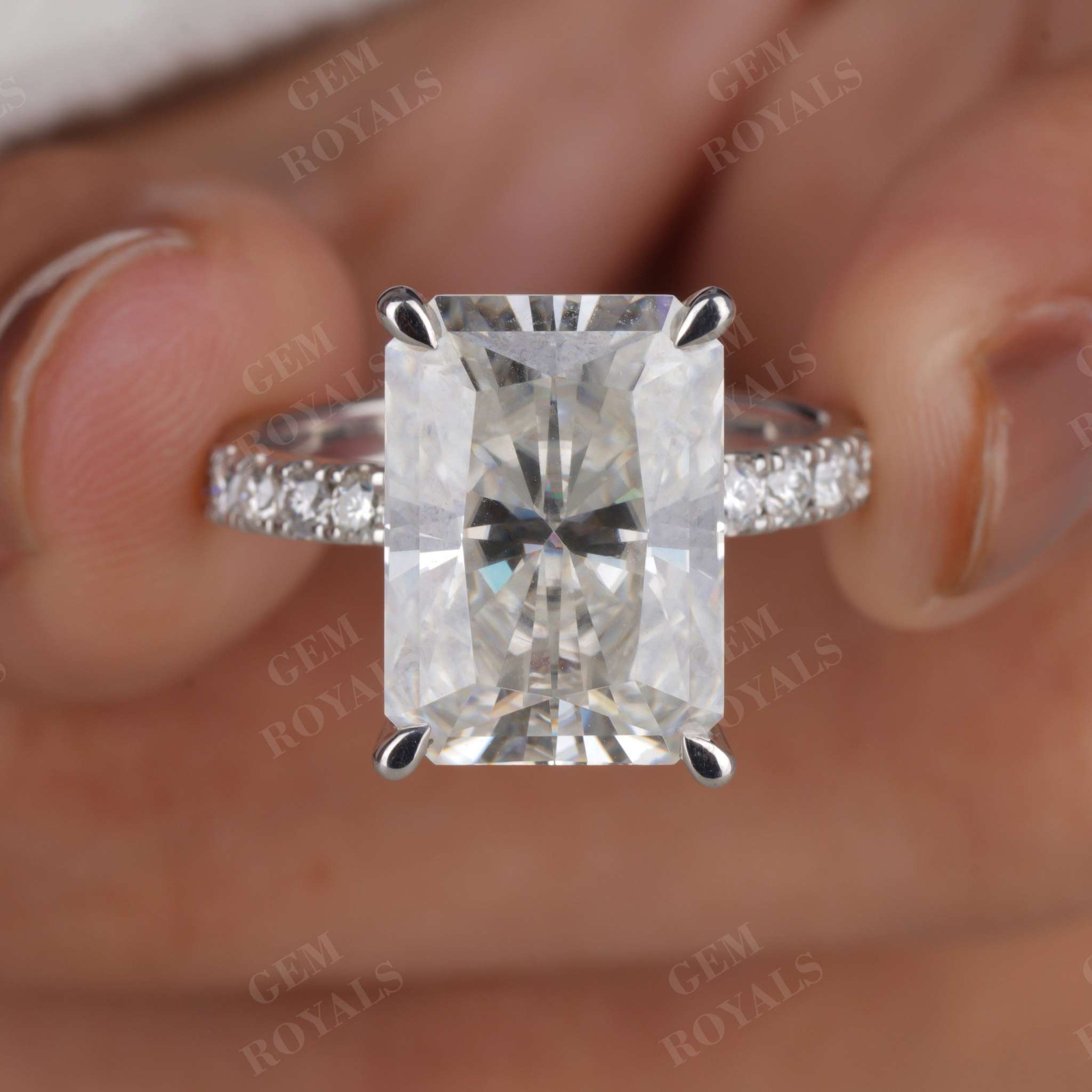 Huge Radiant Moissanite Pave Hidden Halo Engagement Ring