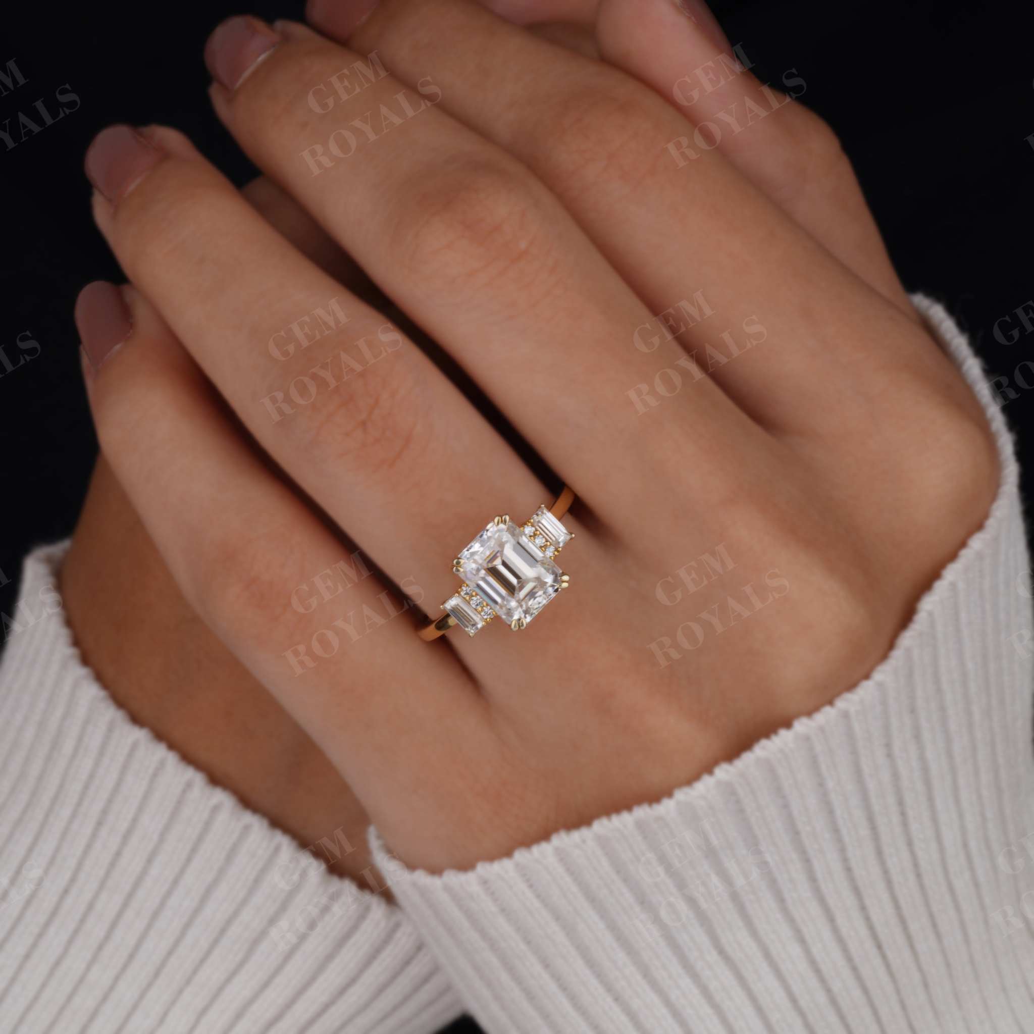 2.00tcw Emerald cut Three Stone Moissanite Engagement Ring