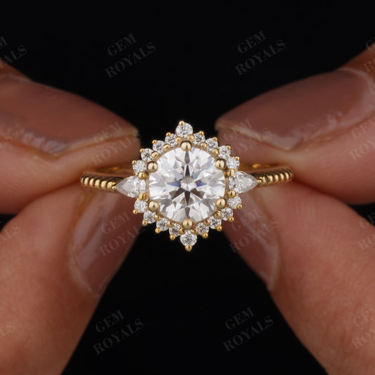 Art Deco Round Cut Moissanite Halo Engagement Ring