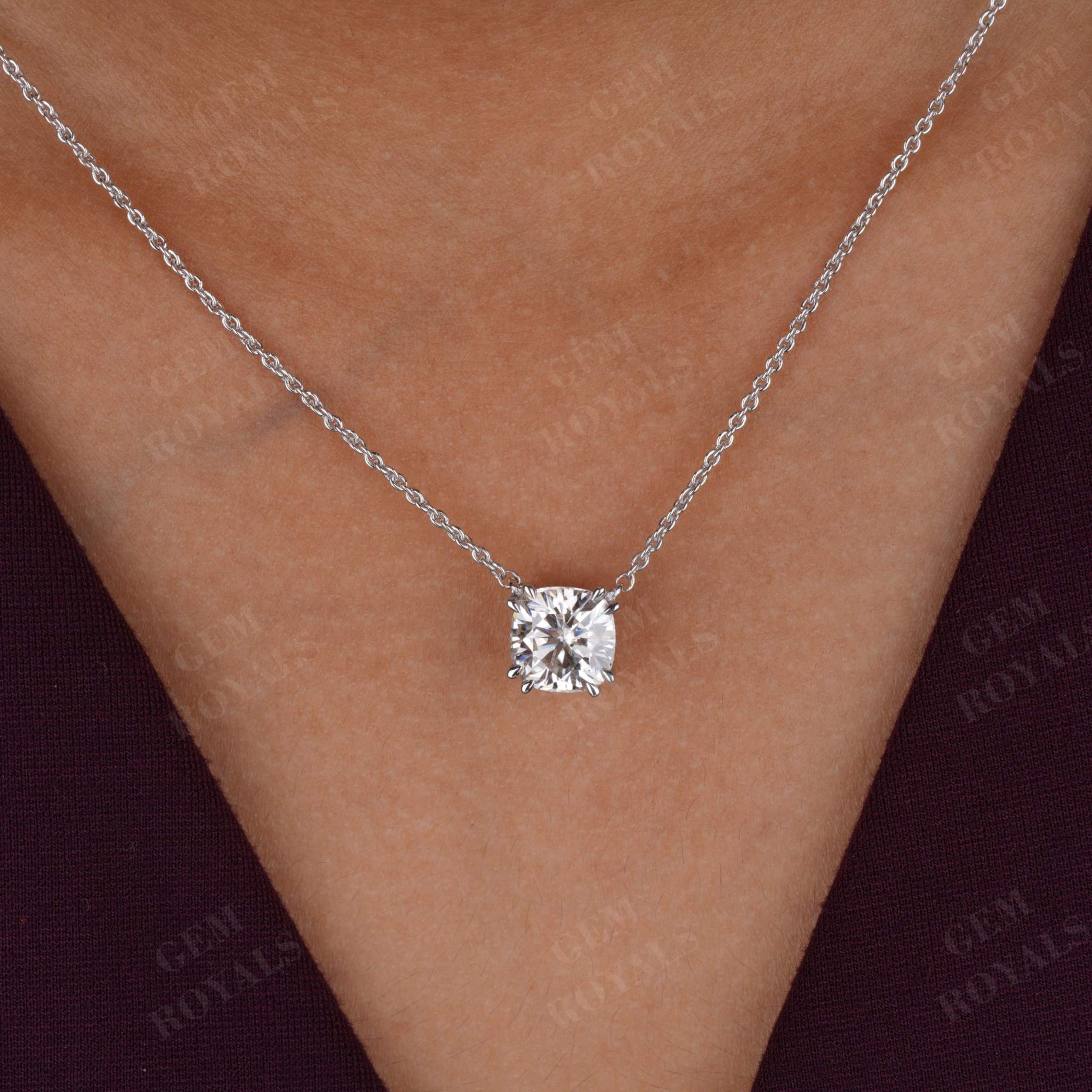 Floating Solitaire Cushion Cut Moissanite Pendant Necklace Third