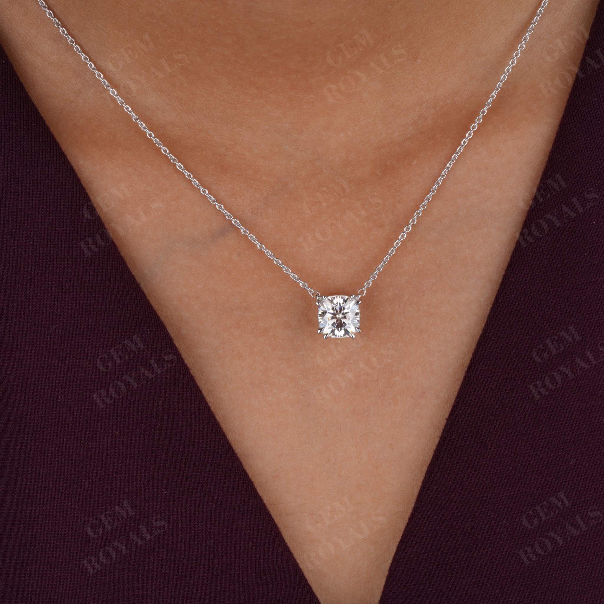 Floating Solitaire Cushion Cut Moissanite Pendant Necklace Forth