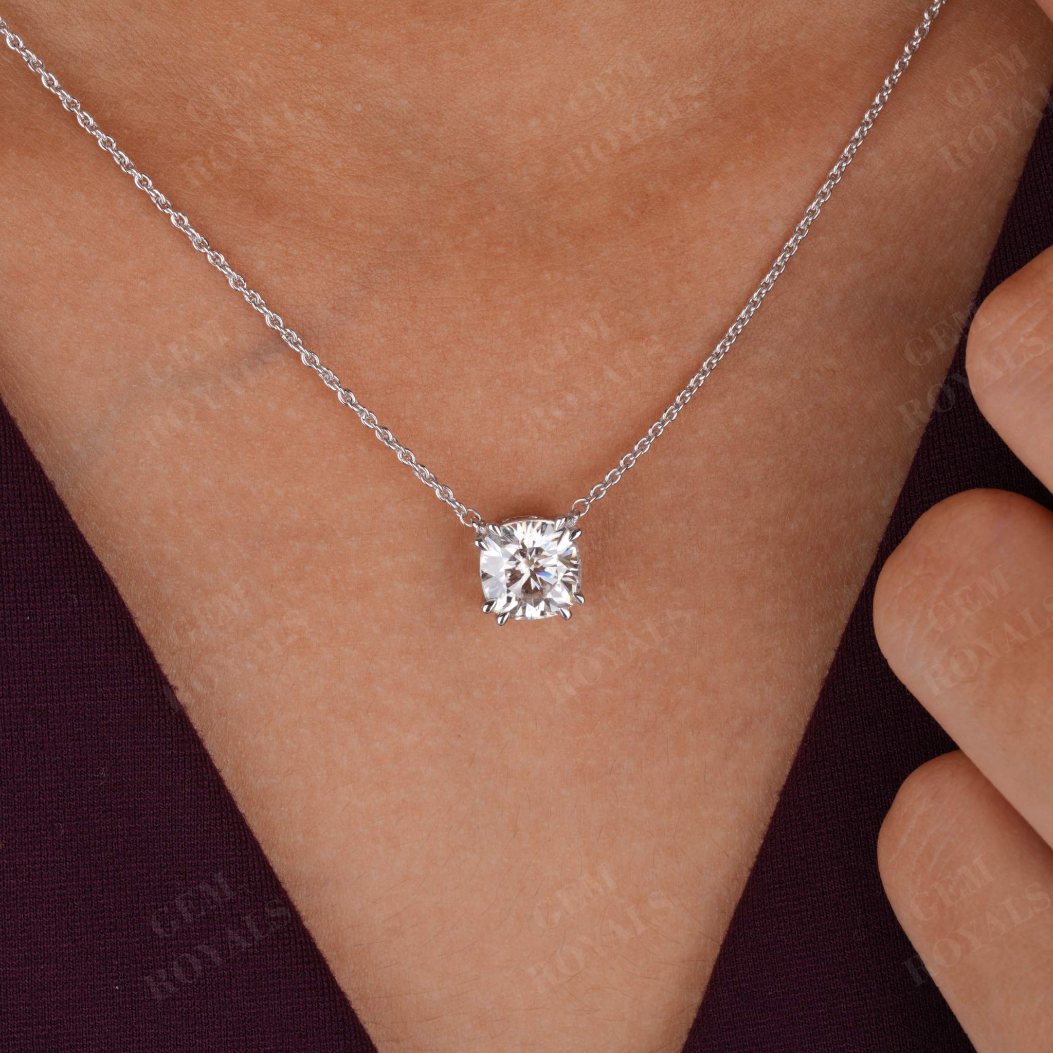 Floating Solitaire Cushion Cut Moissanite Pendant Necklace Fifth