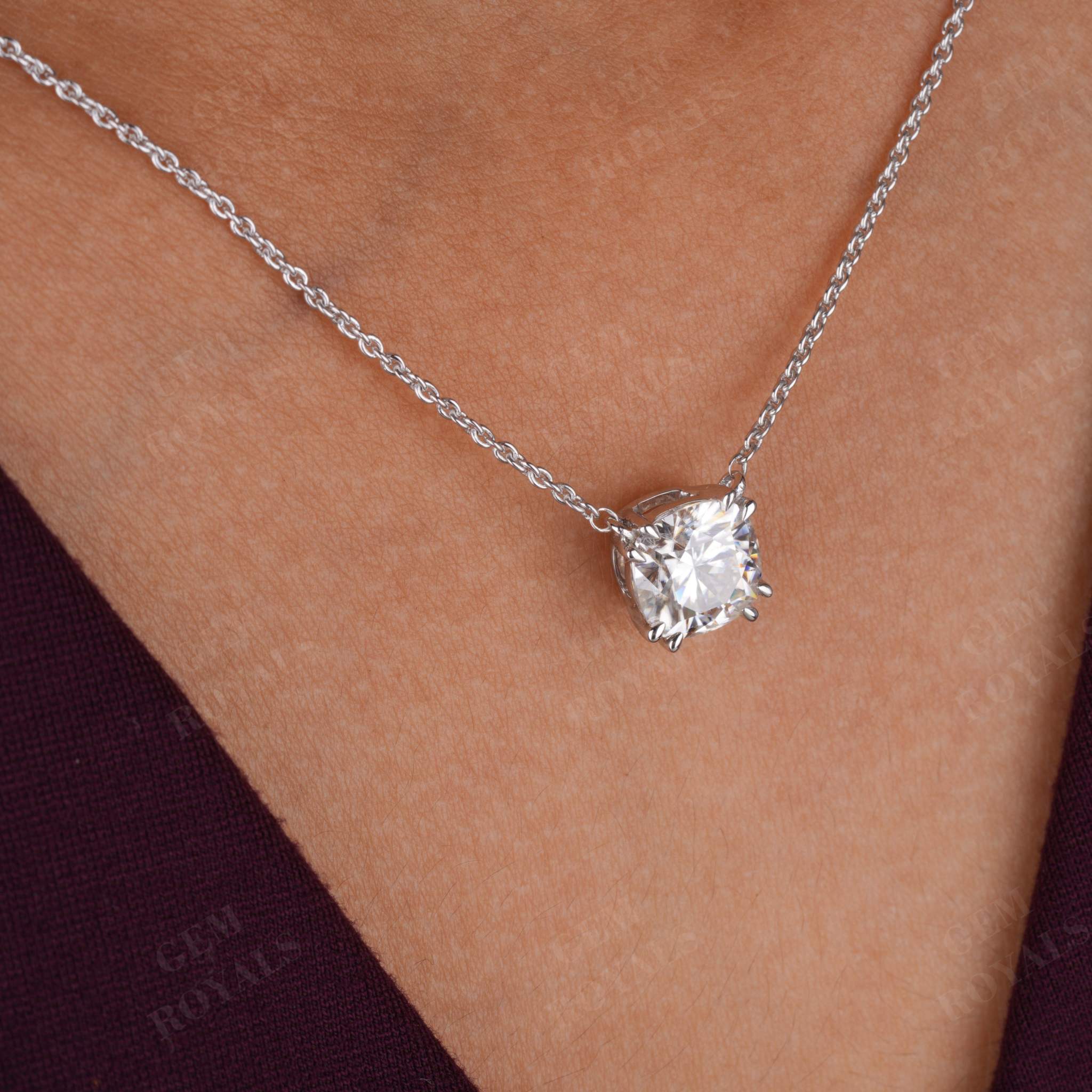 Floating Solitaire Cushion Cut Moissanite Pendant Necklace Second