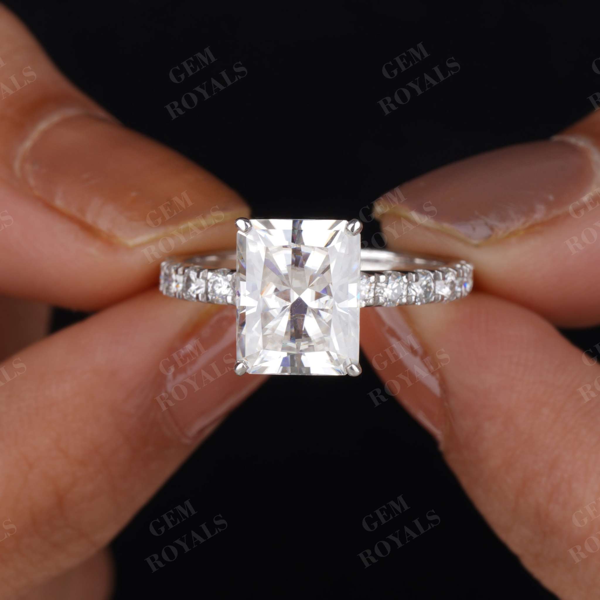 Radiant Cut Moissanite Pave Hidden Halo Engagement Ring