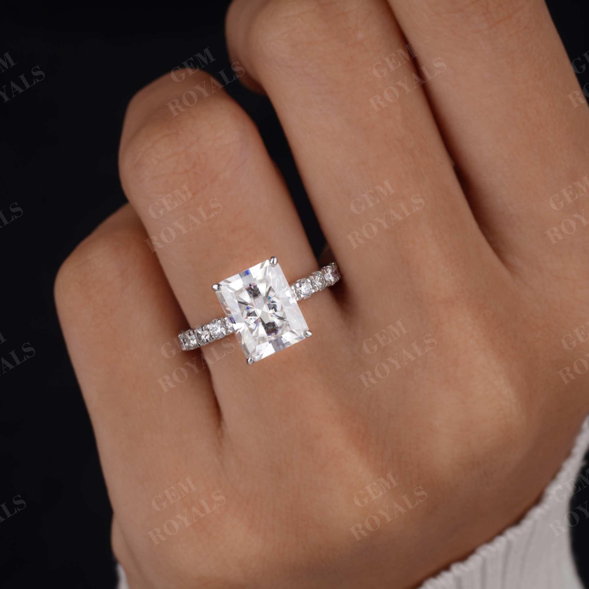 Radiant Cut Moissanite Pave Hidden Halo Engagement Ring