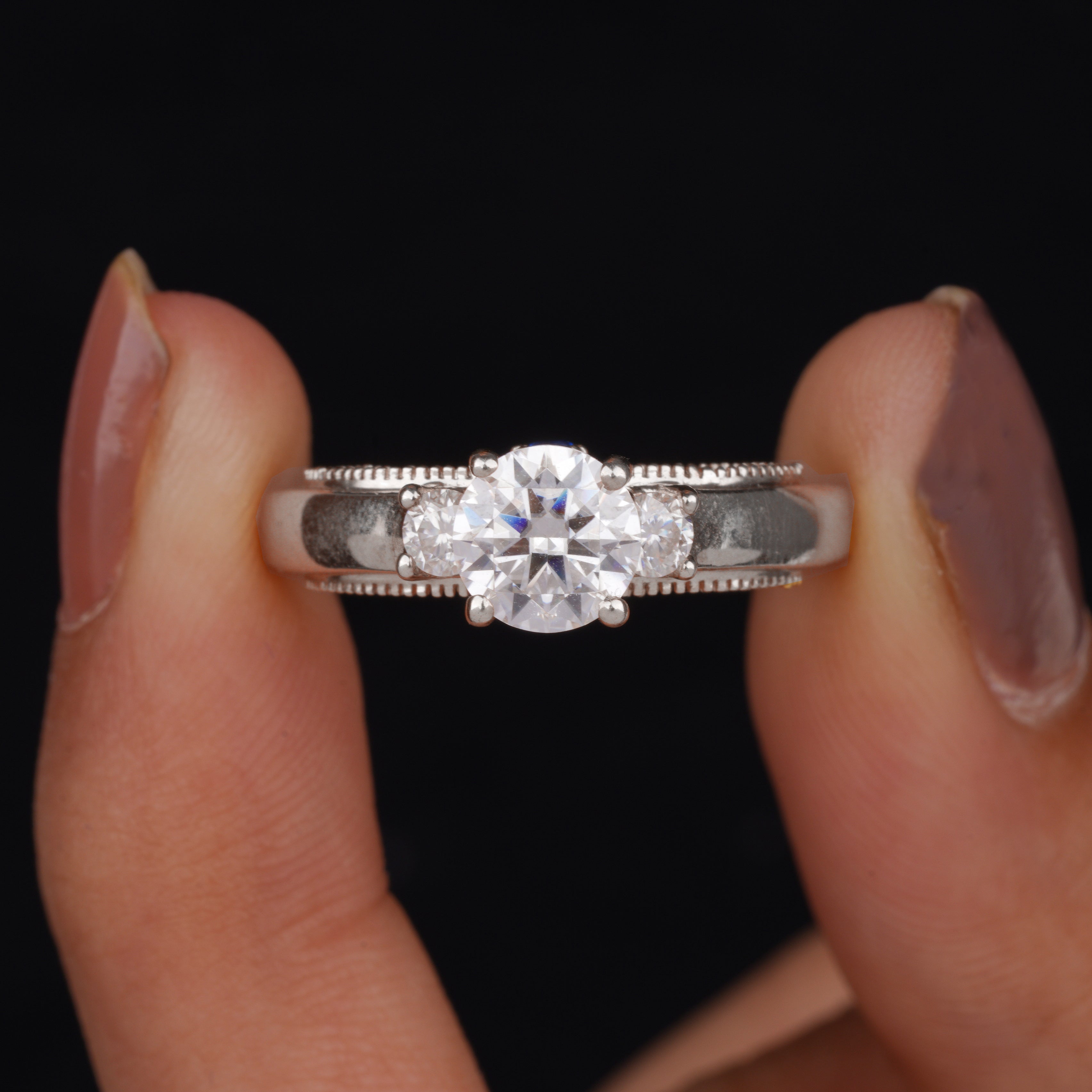 Art Deco Three Stone Round Cut Moissanite Engagement Ring