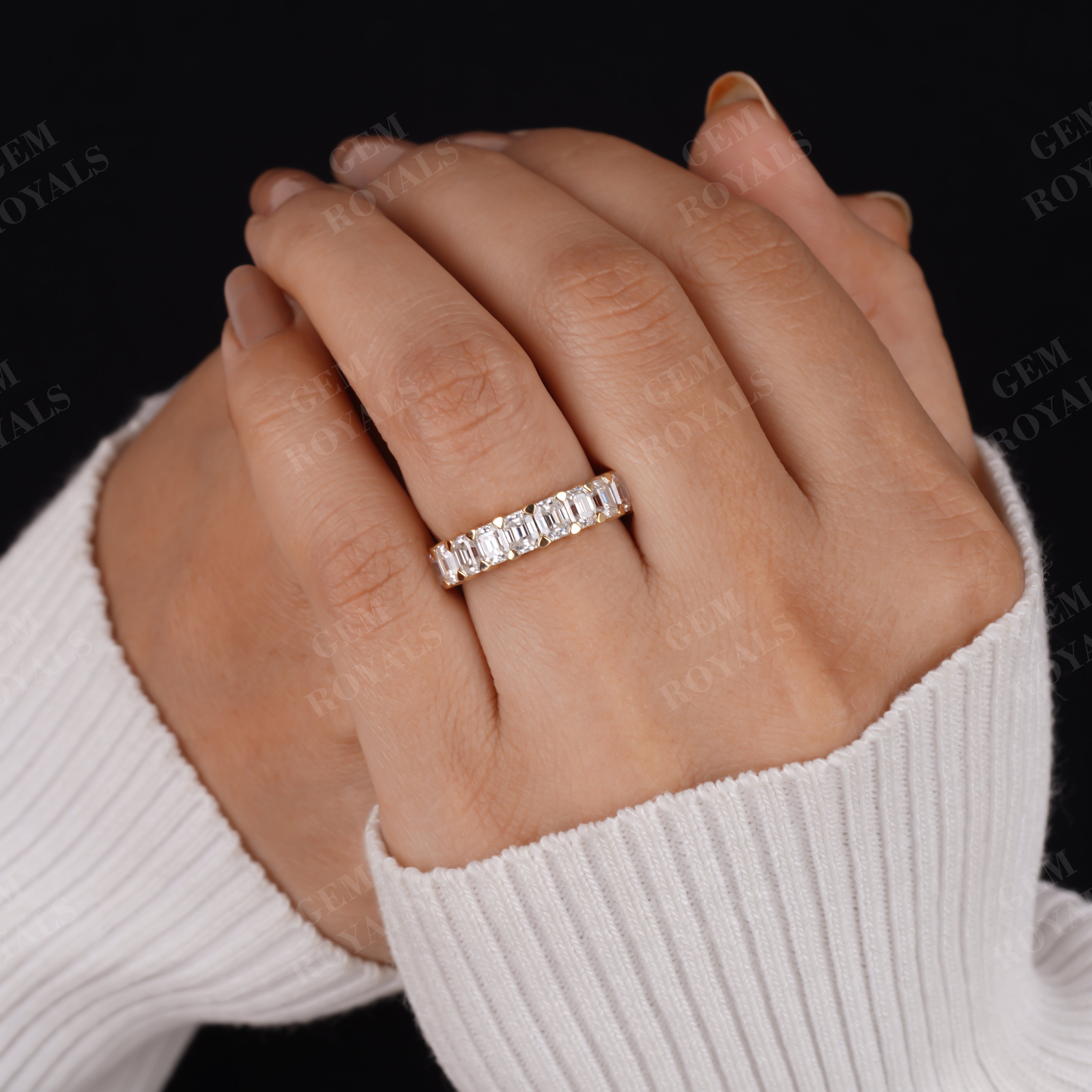 Emerald Cut Moissanite Half Eternity Wedding Band