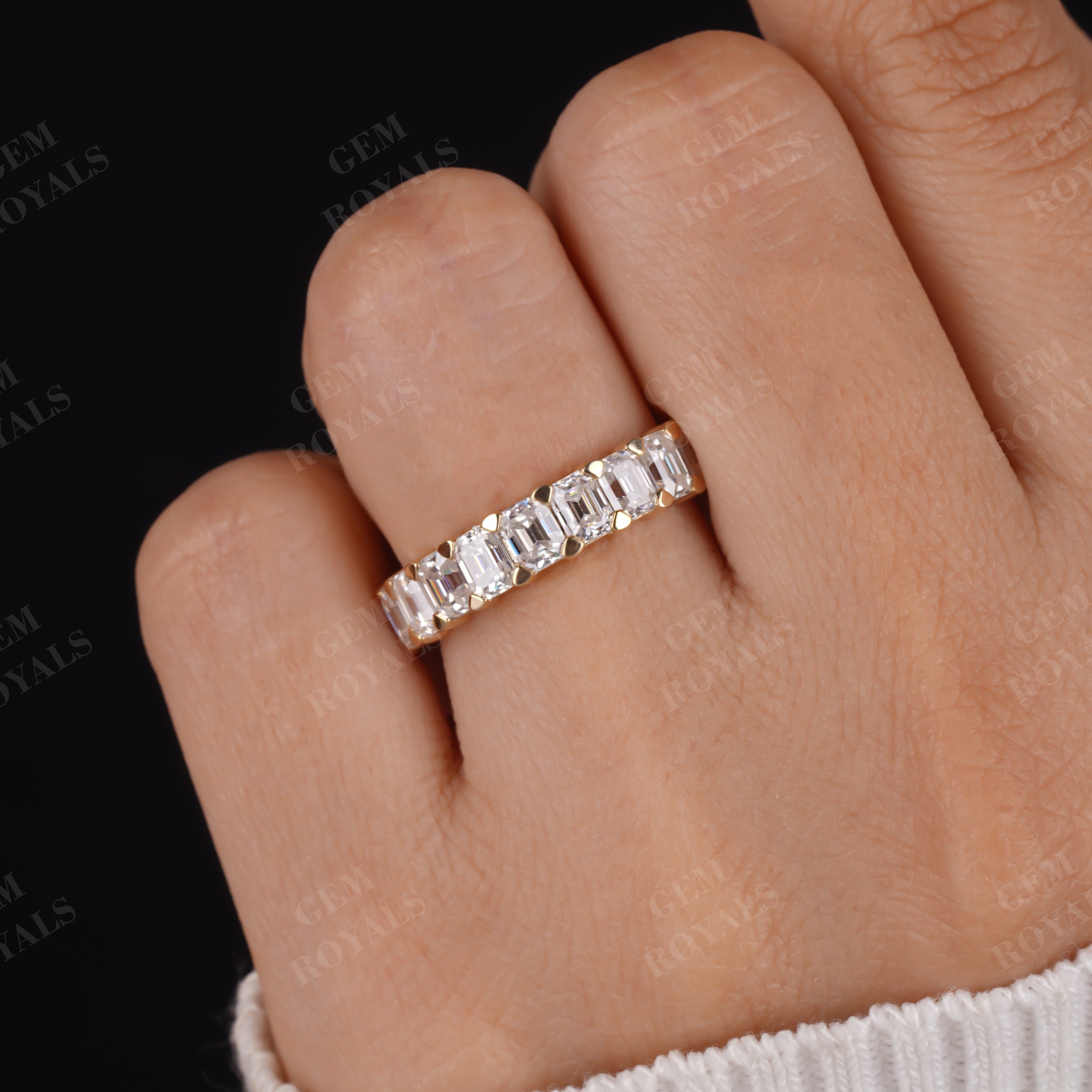 Emerald Cut Moissanite Half Eternity Wedding Band