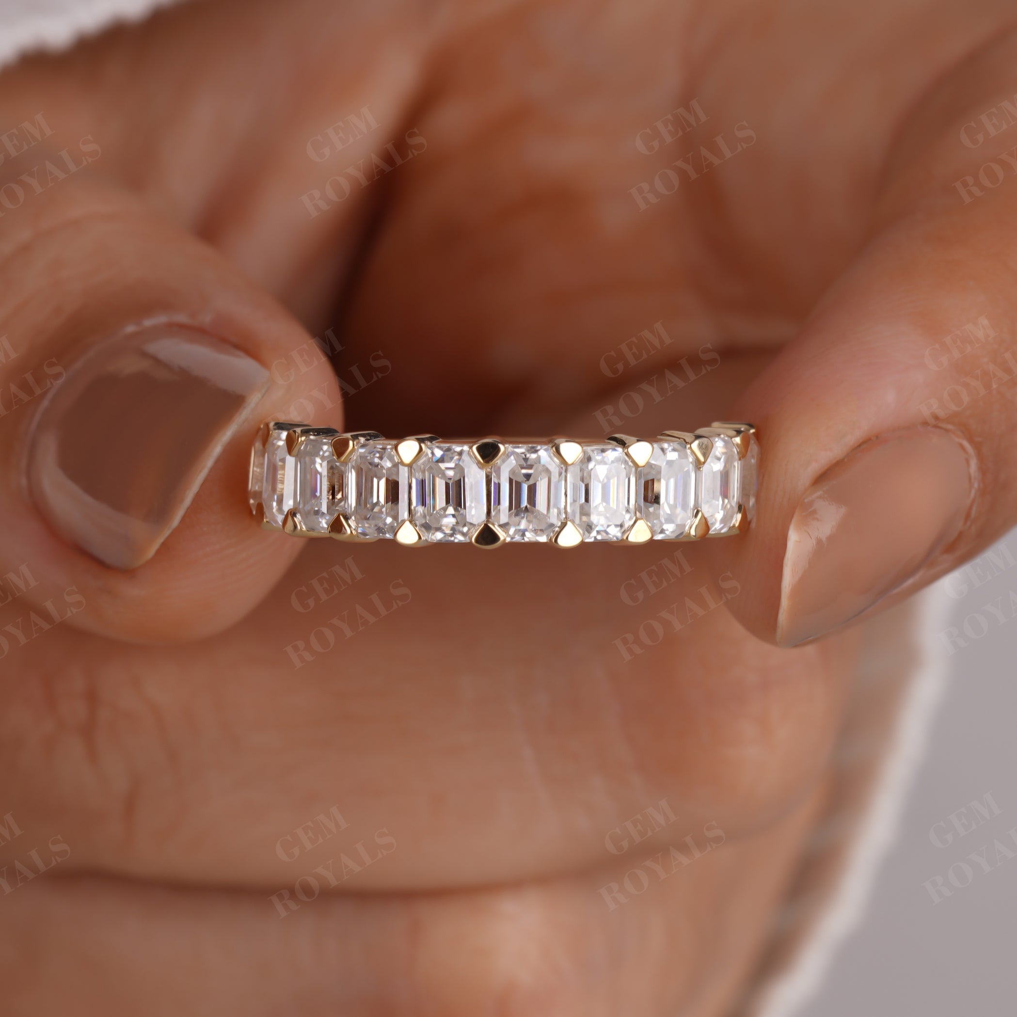 Emerald Cut Moissanite Half Eternity Wedding Band